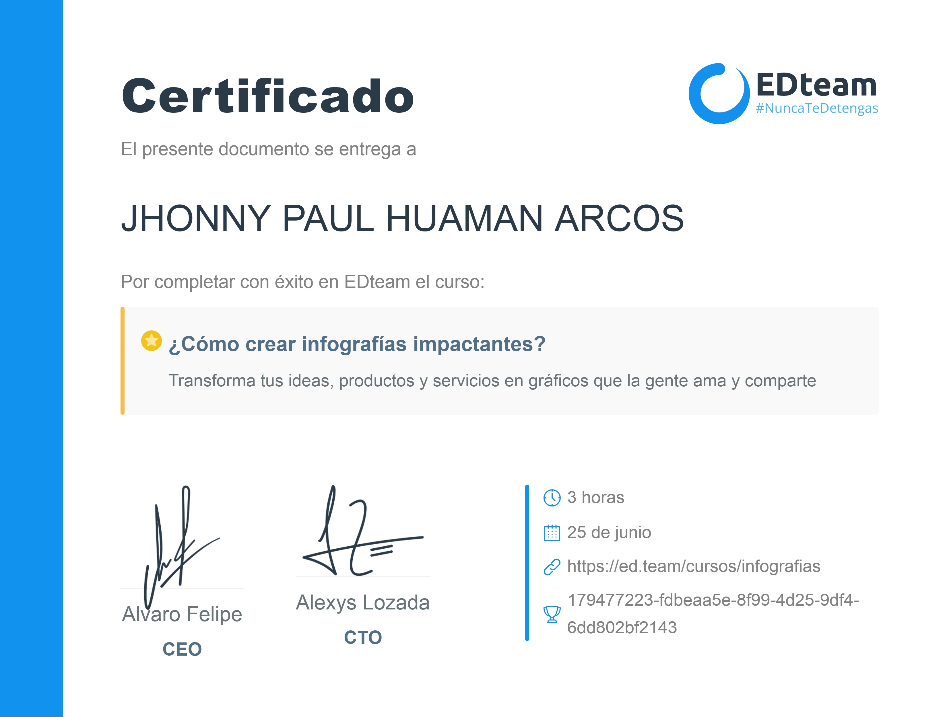 Certificado de JHONNY PAUL HUAMAN ARCOS del curso ¿Cómo crear infografías impactantes?