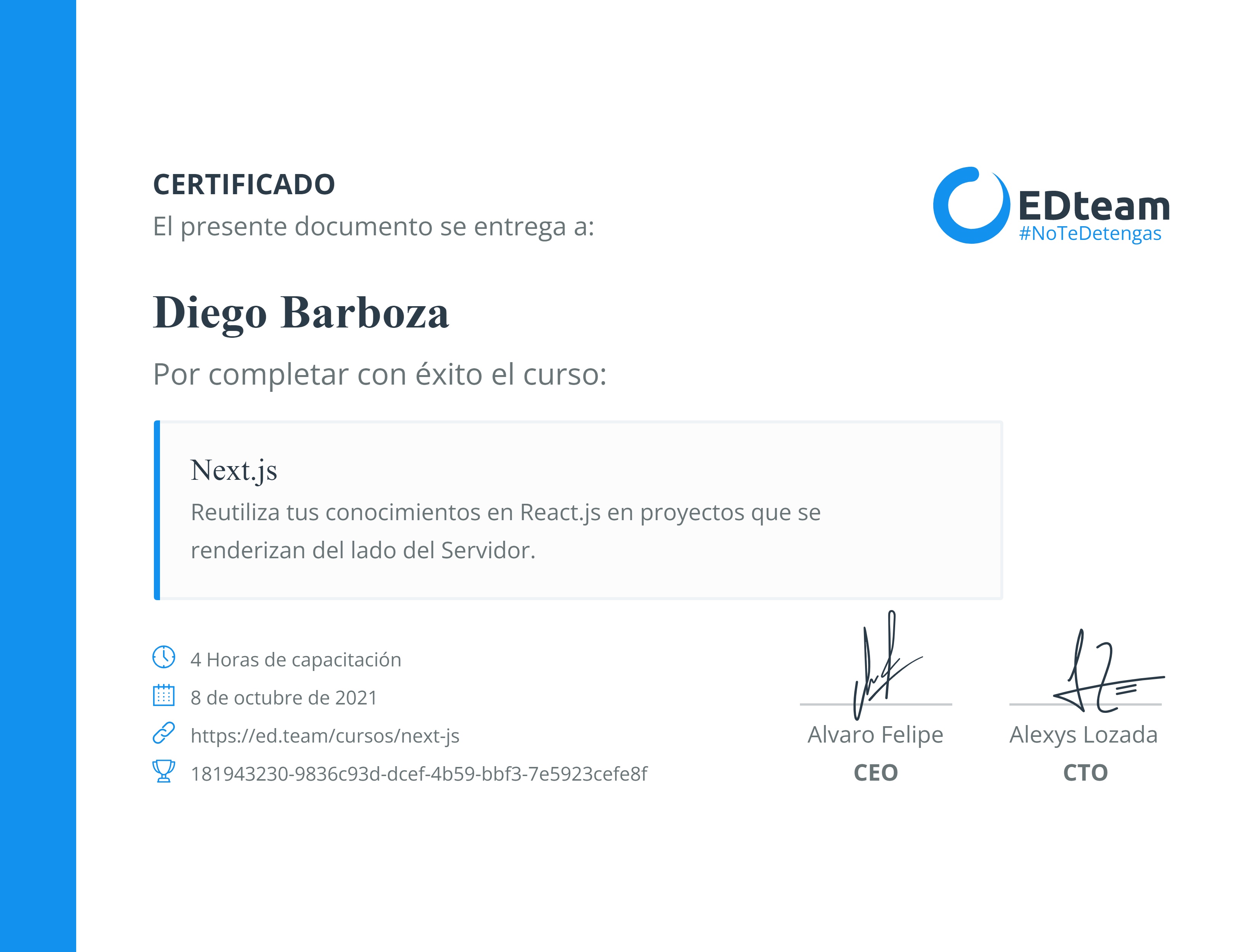 Certificado de Diego Barboza del curso Next.js