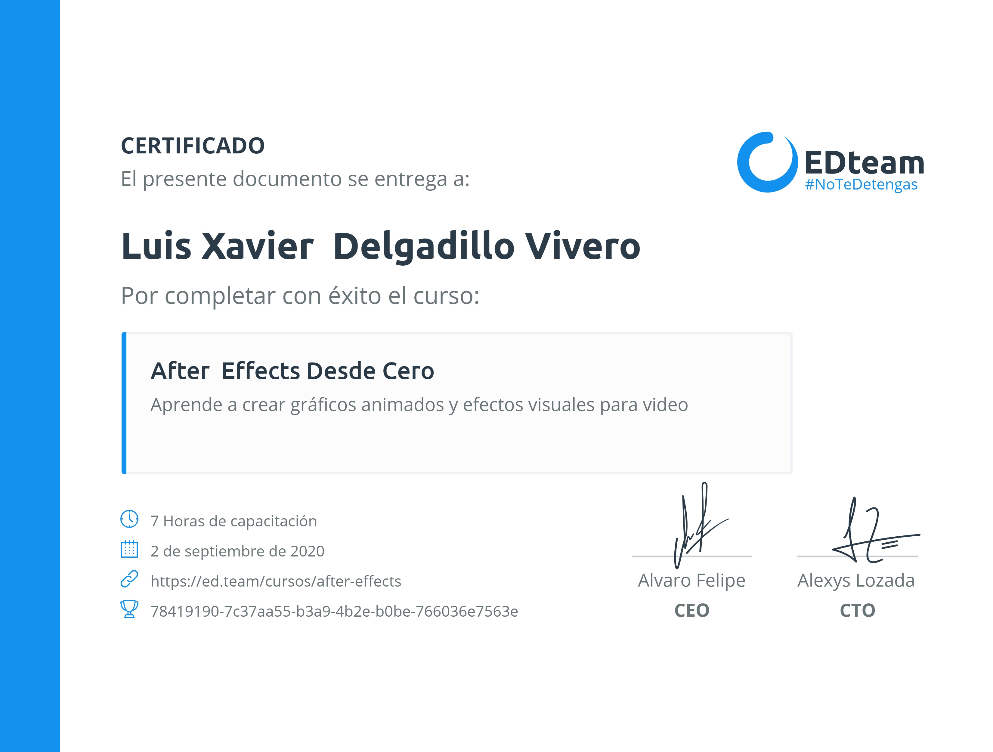 Certificado de Luis Xavier Delgadillo Vivero del curso After Effects desde cero