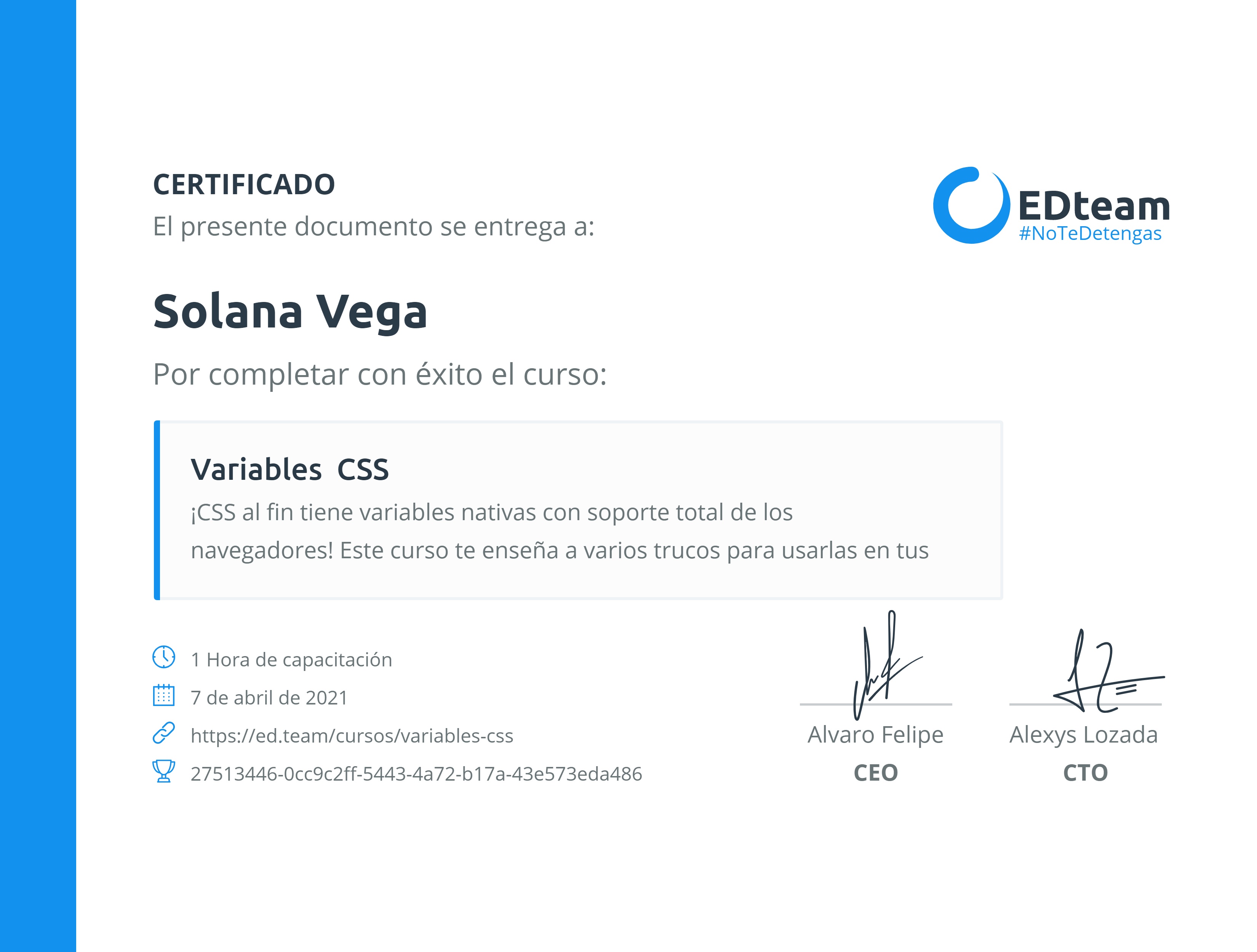 Certificado de Solana Vega del curso Variables CSS