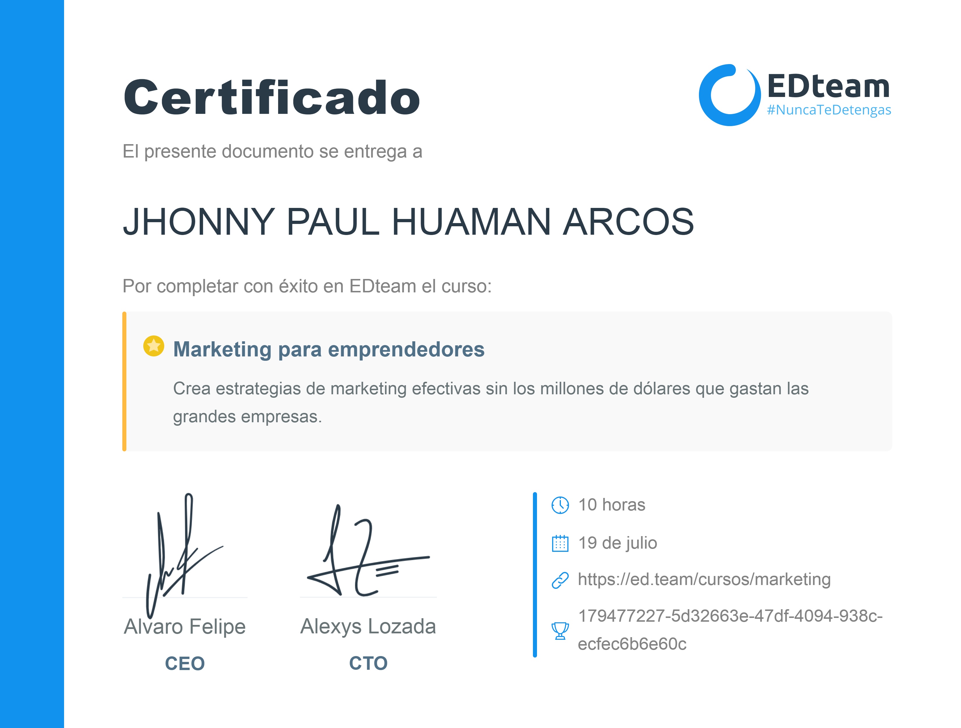 Certificado de JHONNY PAUL HUAMAN ARCOS del curso Marketing para emprendedores