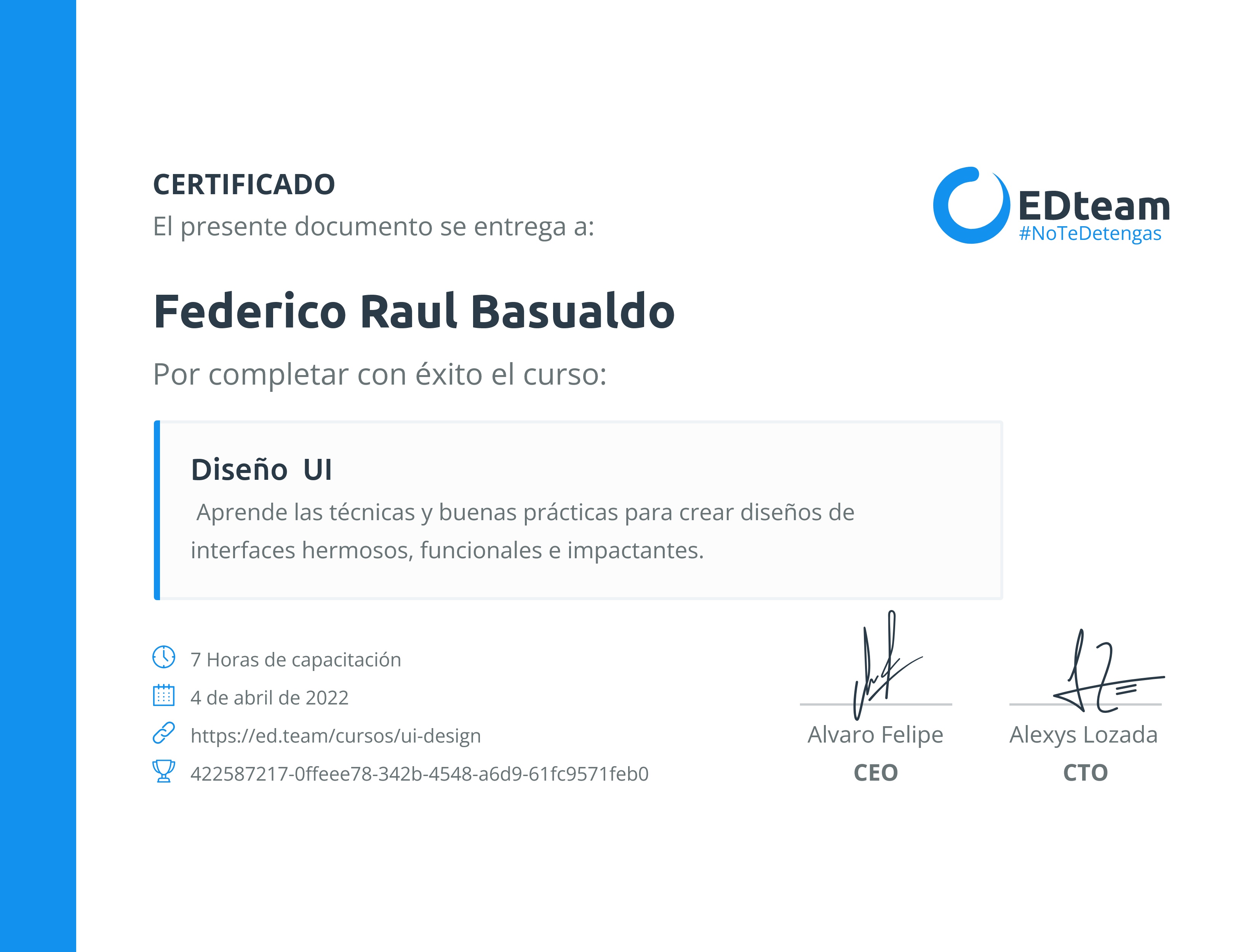 Certificado de Federico Raul Basualdo del curso Diseño UI