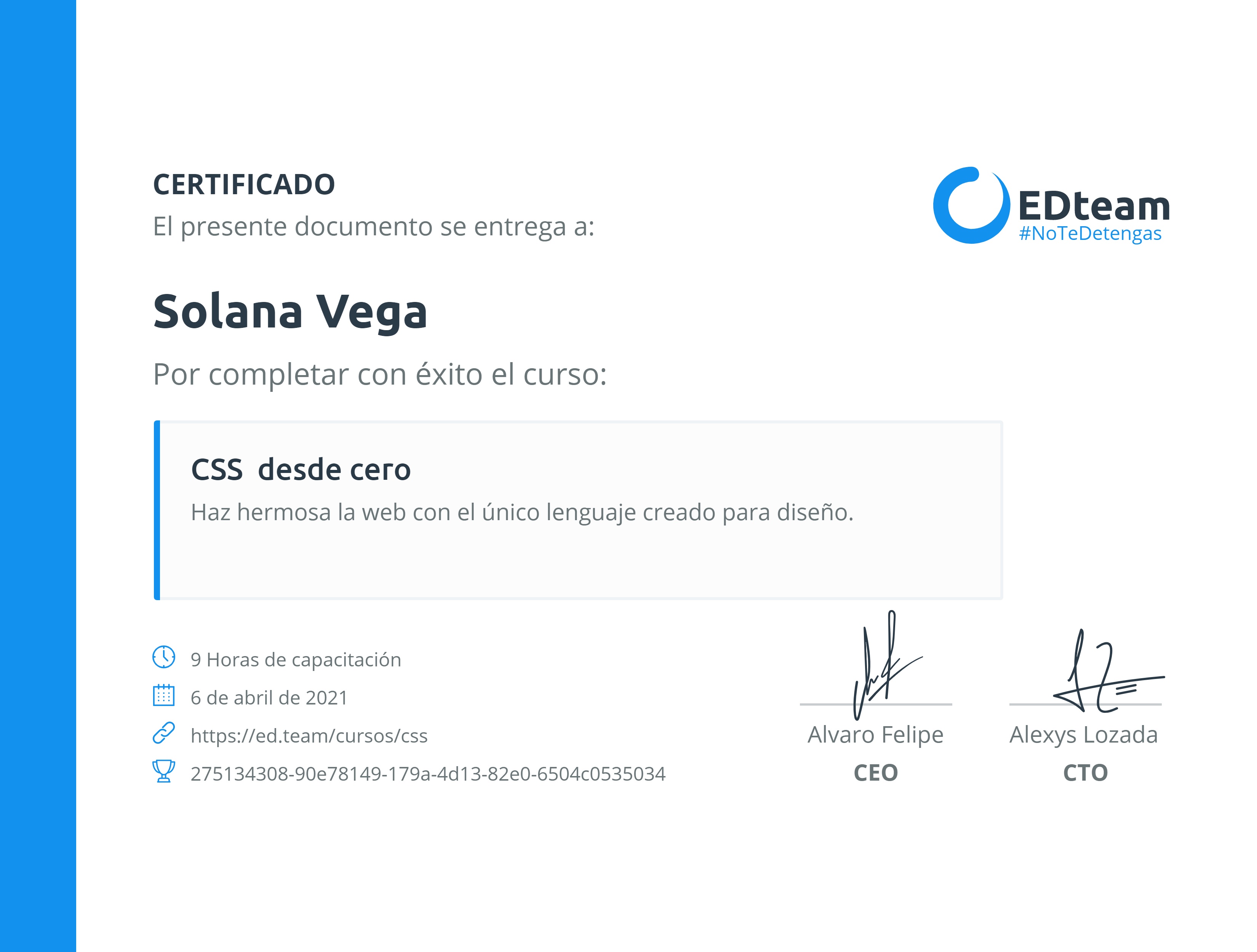 Certificado de Solana Vega del curso CSS desde cero (2020)