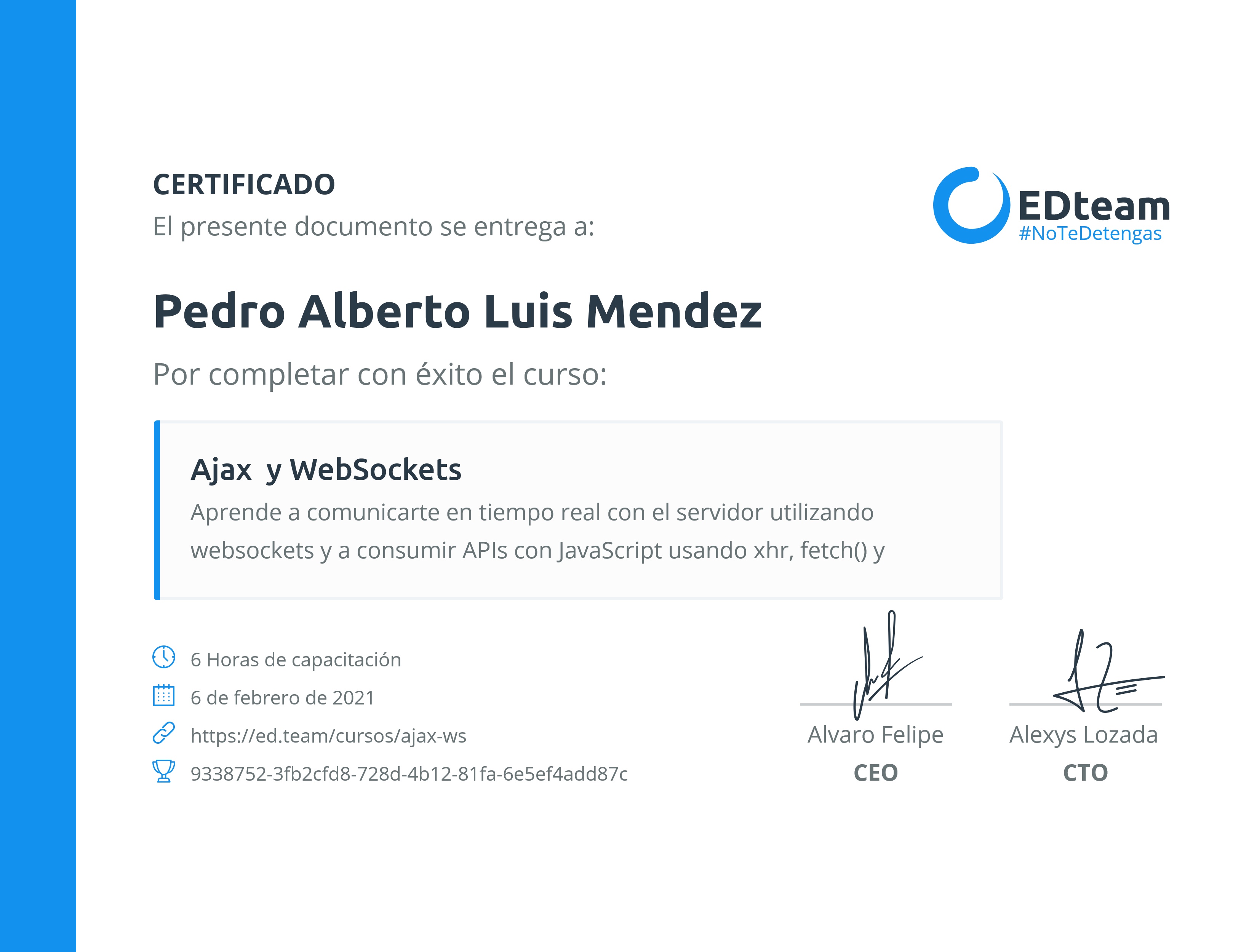 Certificado de Pedro Luis del curso Ajax y WebSockets