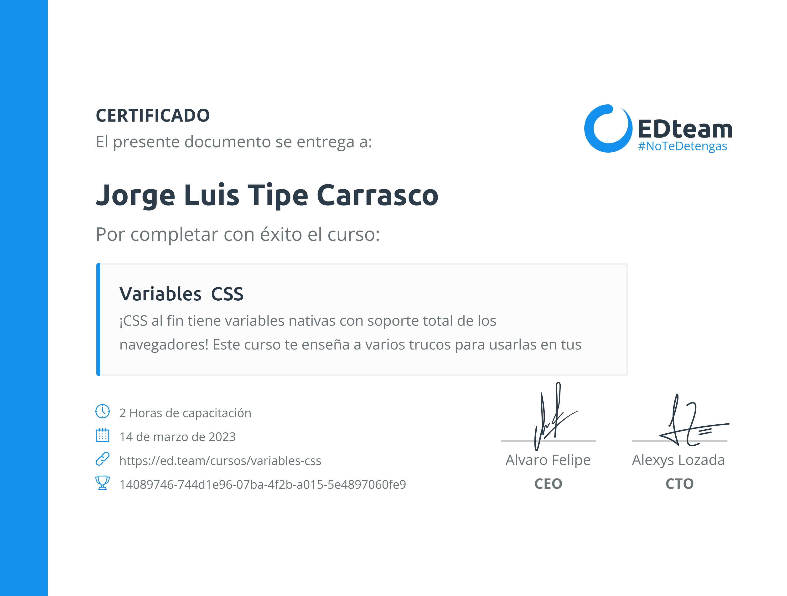 Certificado de Jorge Luis Tipe Carrasco del curso Variables CSS