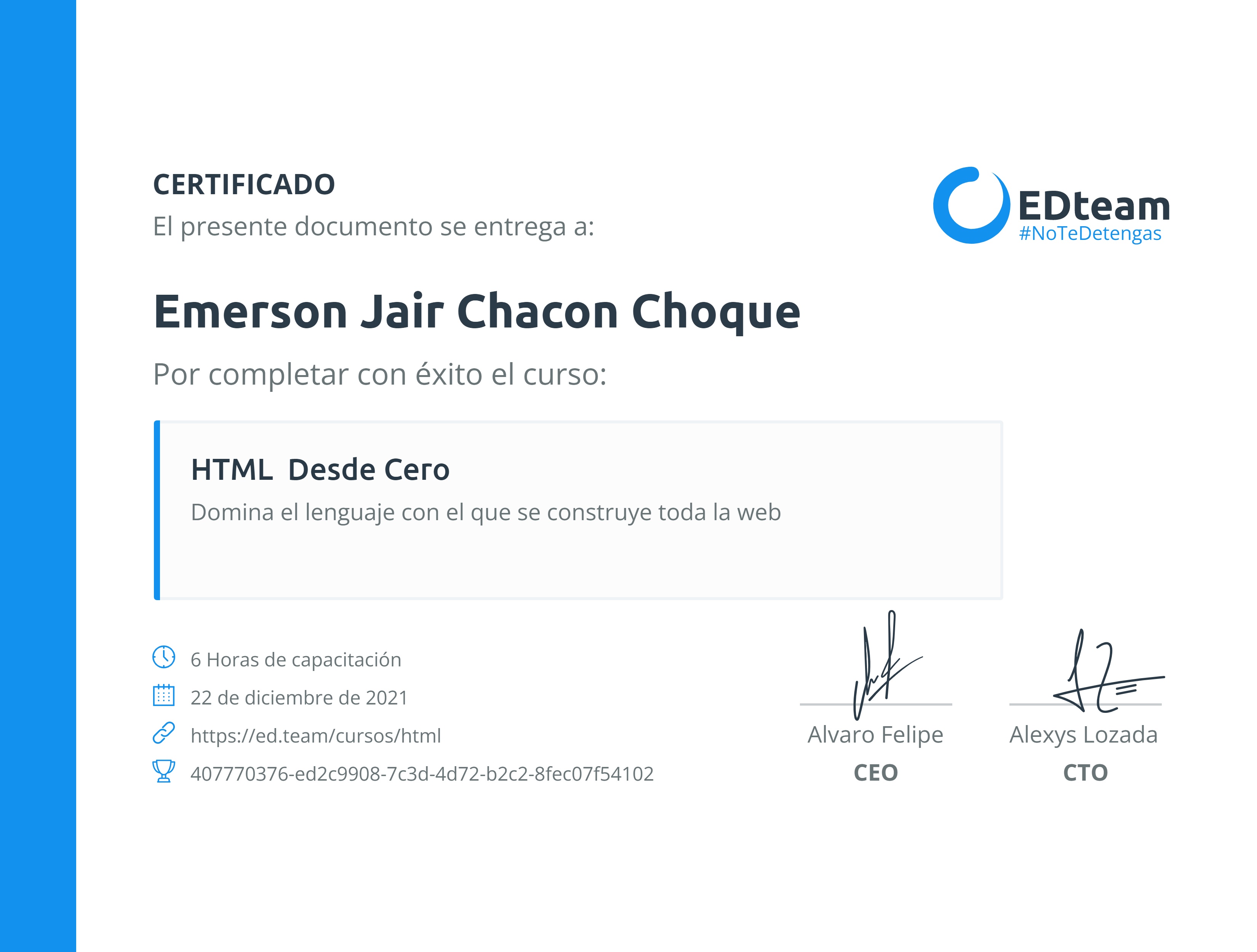 Certificado de Emerson Jair Chacon Choque del curso HTML desde cero