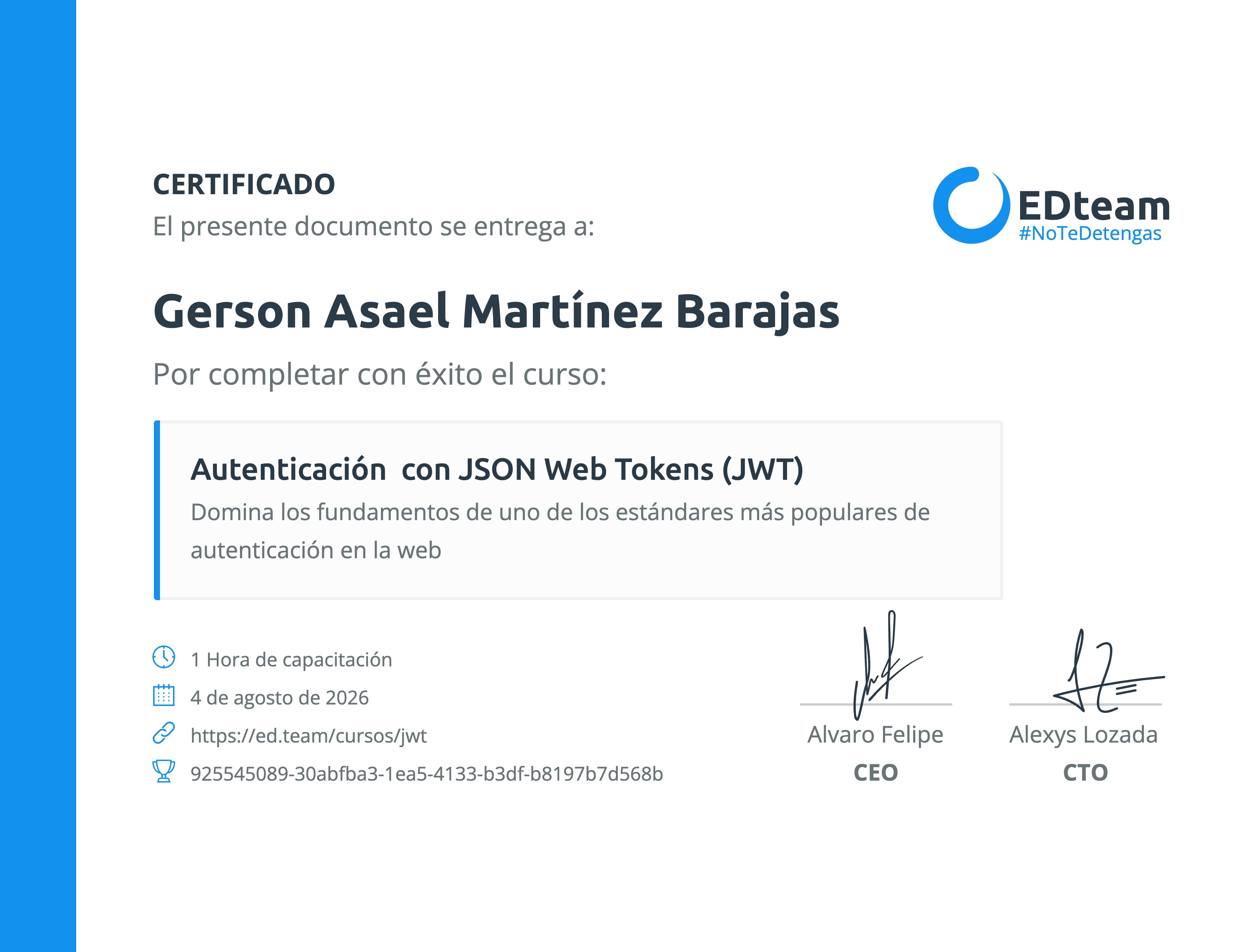 Certificado de Gerson Asael Martínez Barajas del curso Autenticación con JSON Web Tokens (JWT)