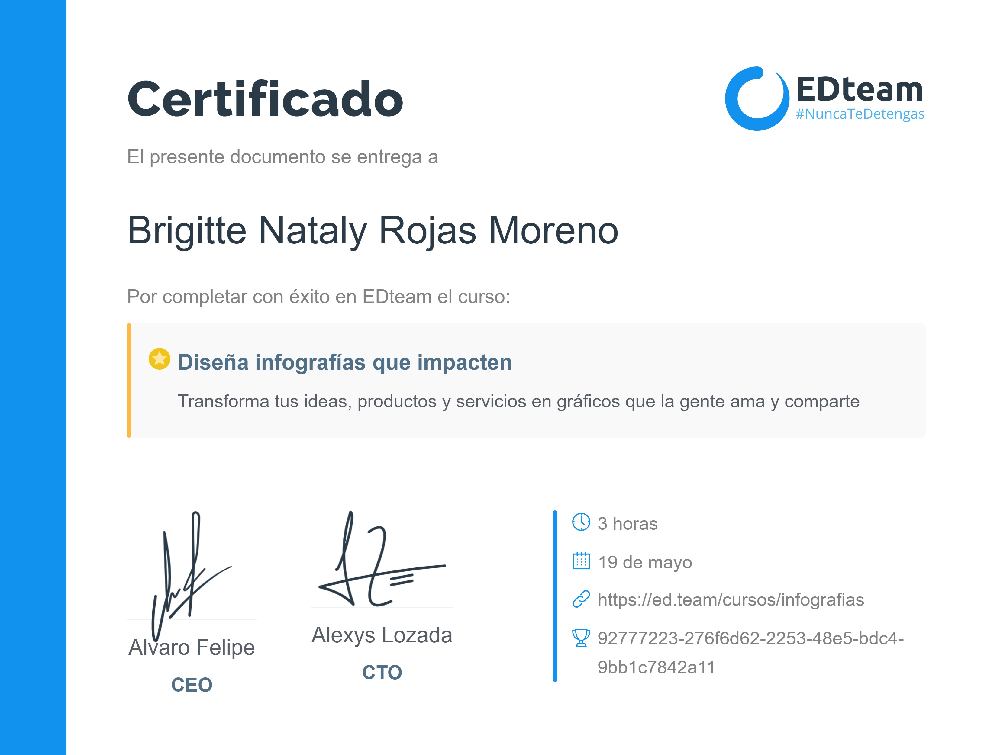 Certificado de Brigitte Nataly Rojas Moreno del curso ¿Cómo crear infografías impactantes?
