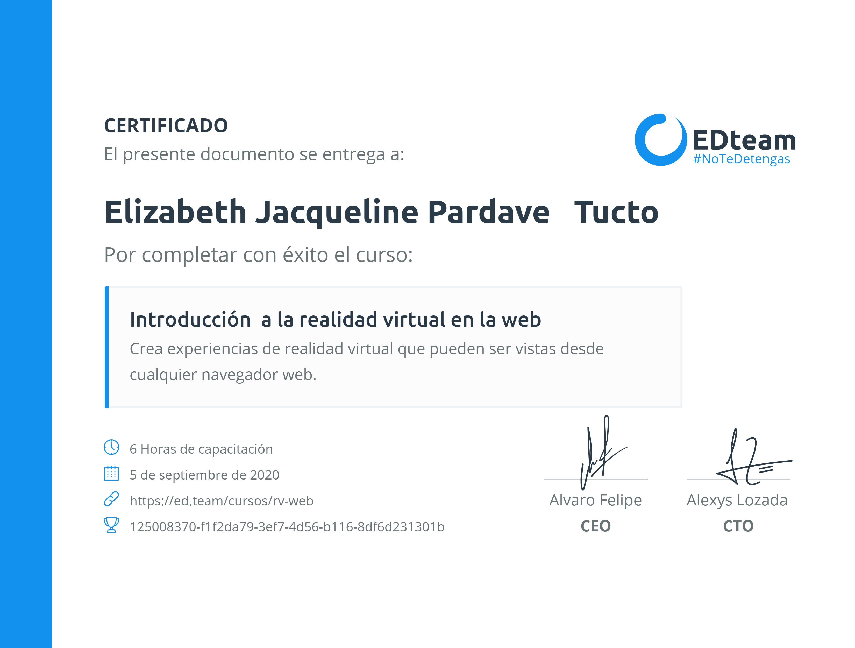 Certificado de Elizabeth Jacqueline Pardave Tucto del curso Introducción a la realidad virtual en la web