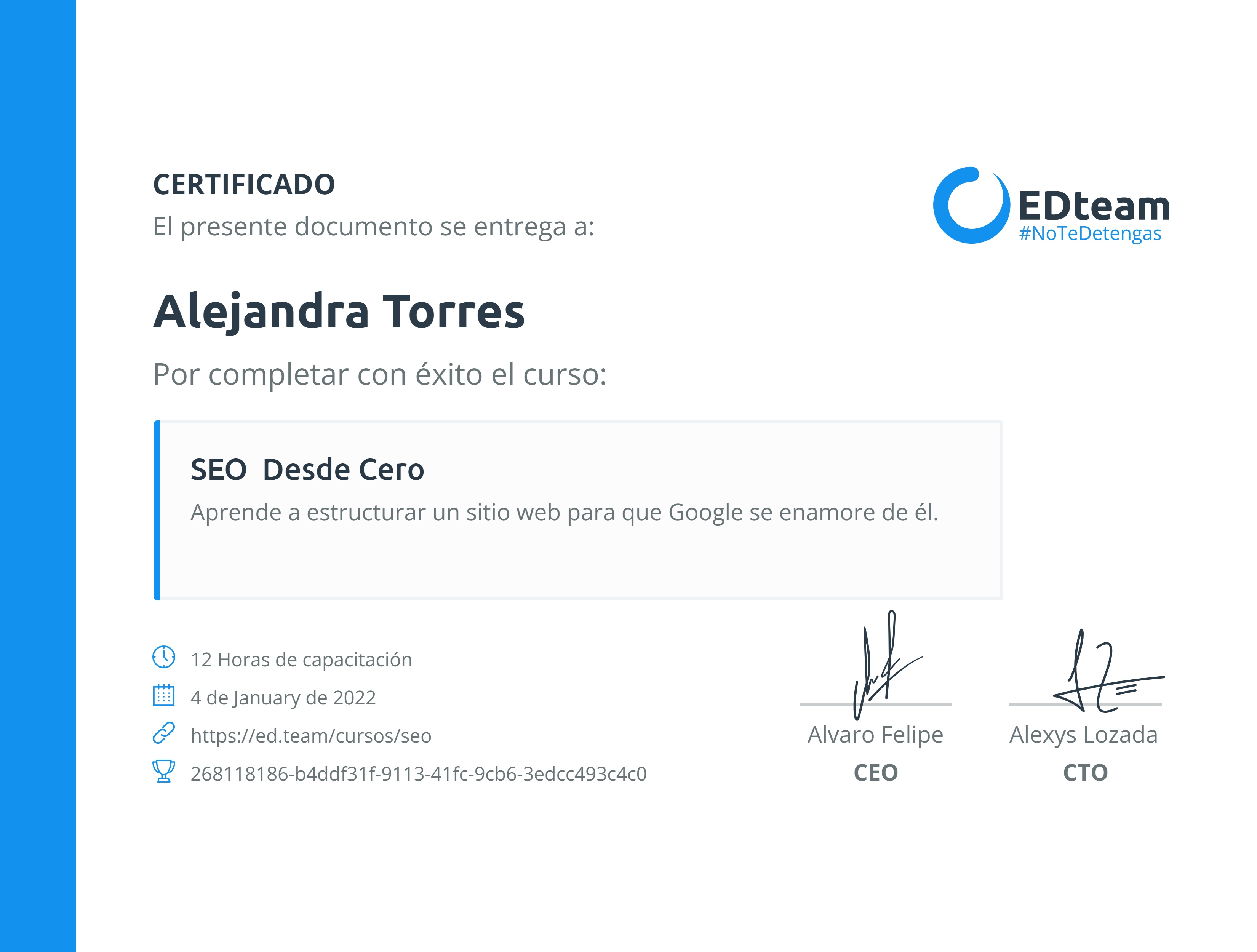 Certificado de Alejandra Torres del curso SEO desde cero