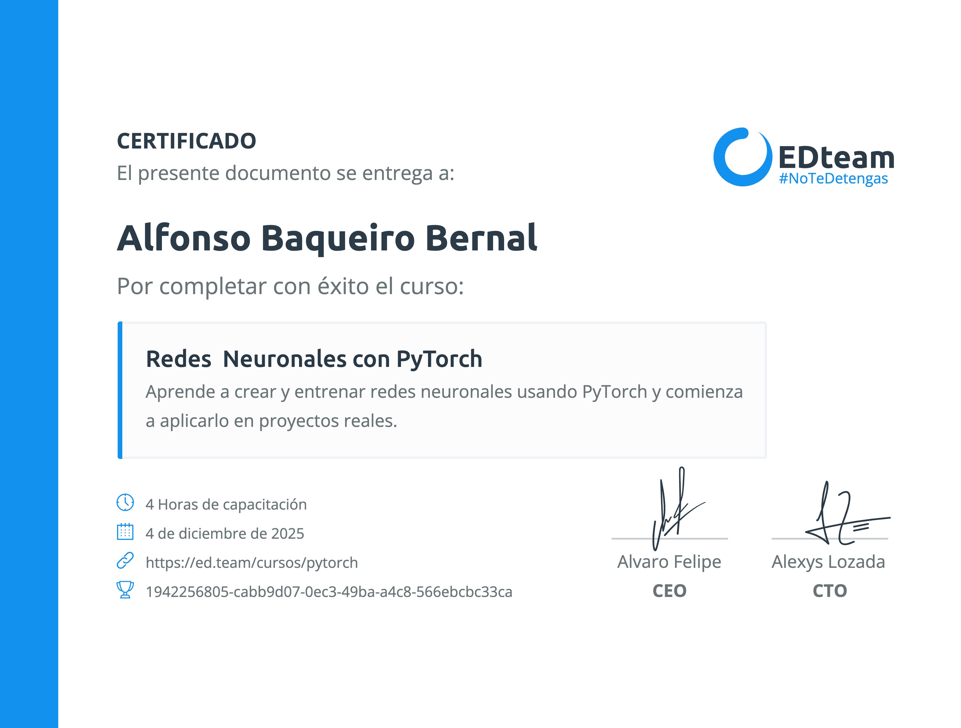 Certificado de Alfonso Baqueiro Bernal del curso Redes Neuronales con PyTorch