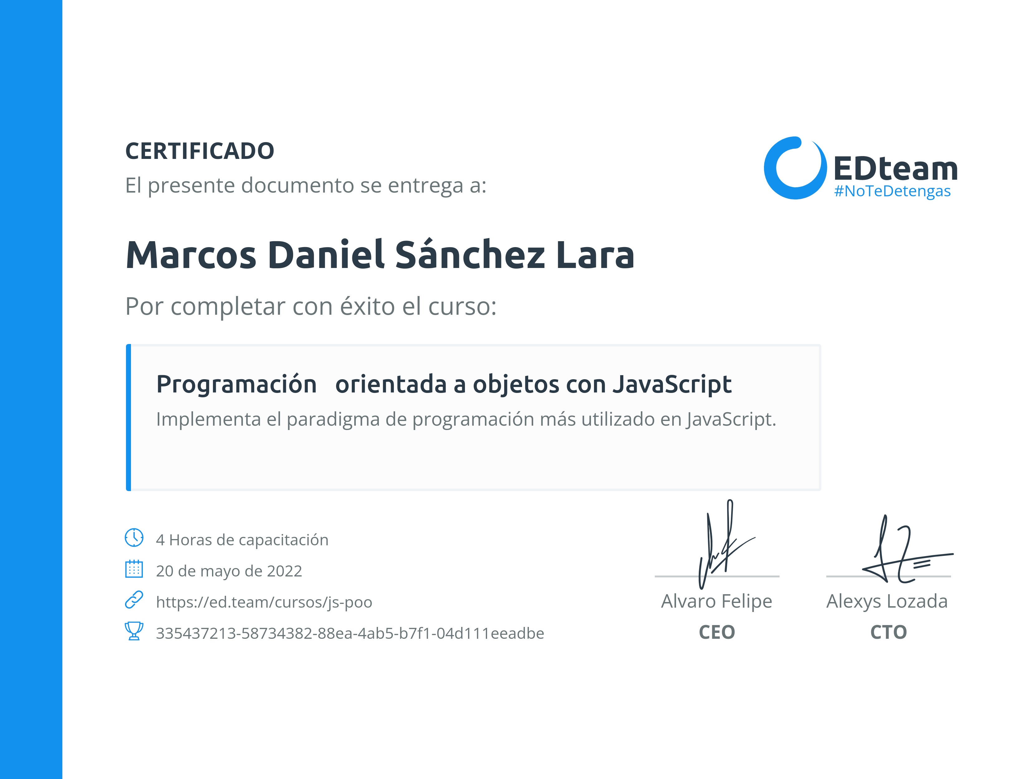 Certificado de Marcos Daniel Sánchez Lara del curso Programación orientada a objetos con JavaScript