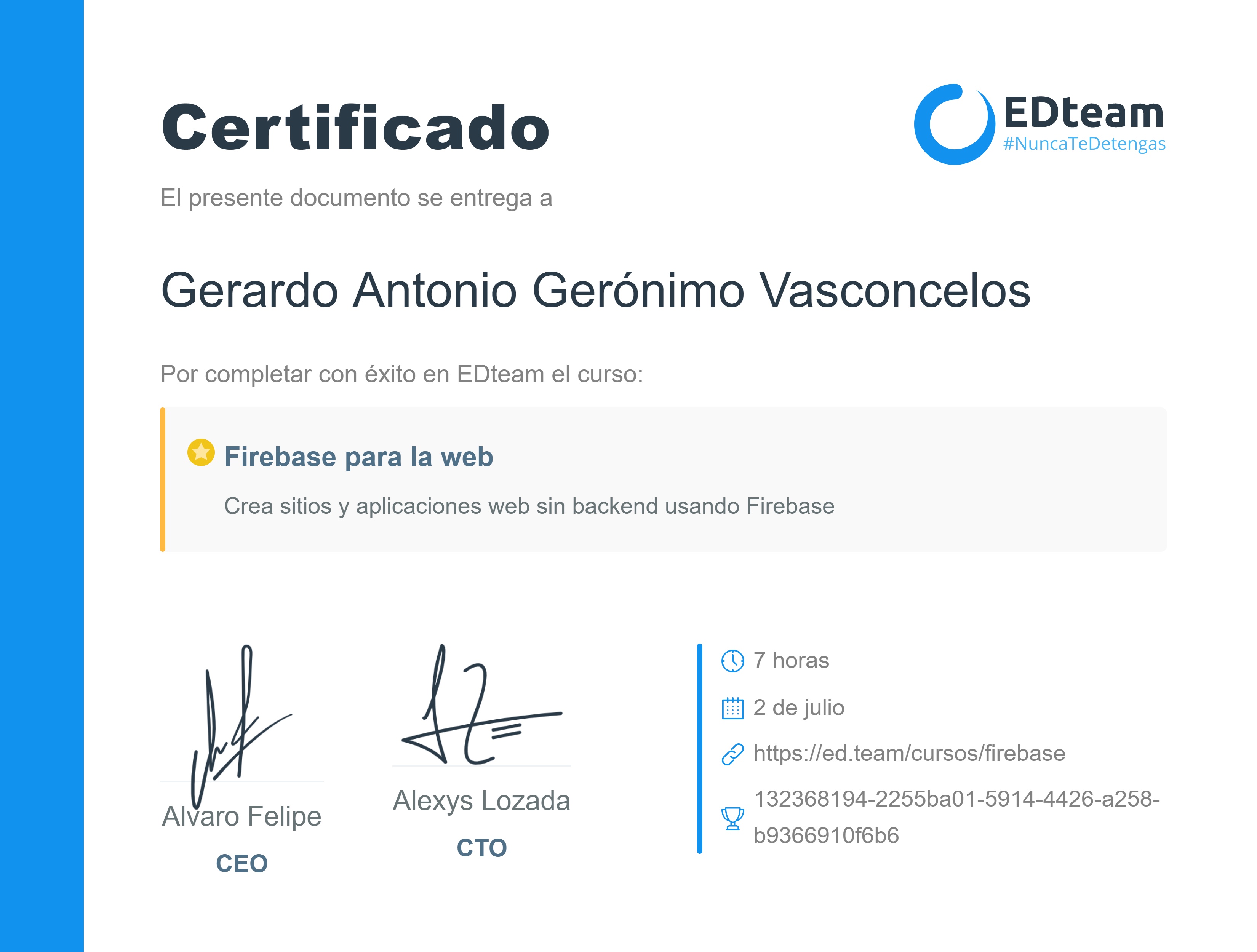 Certificado de Gerardo Antonio del curso Firebase para la web