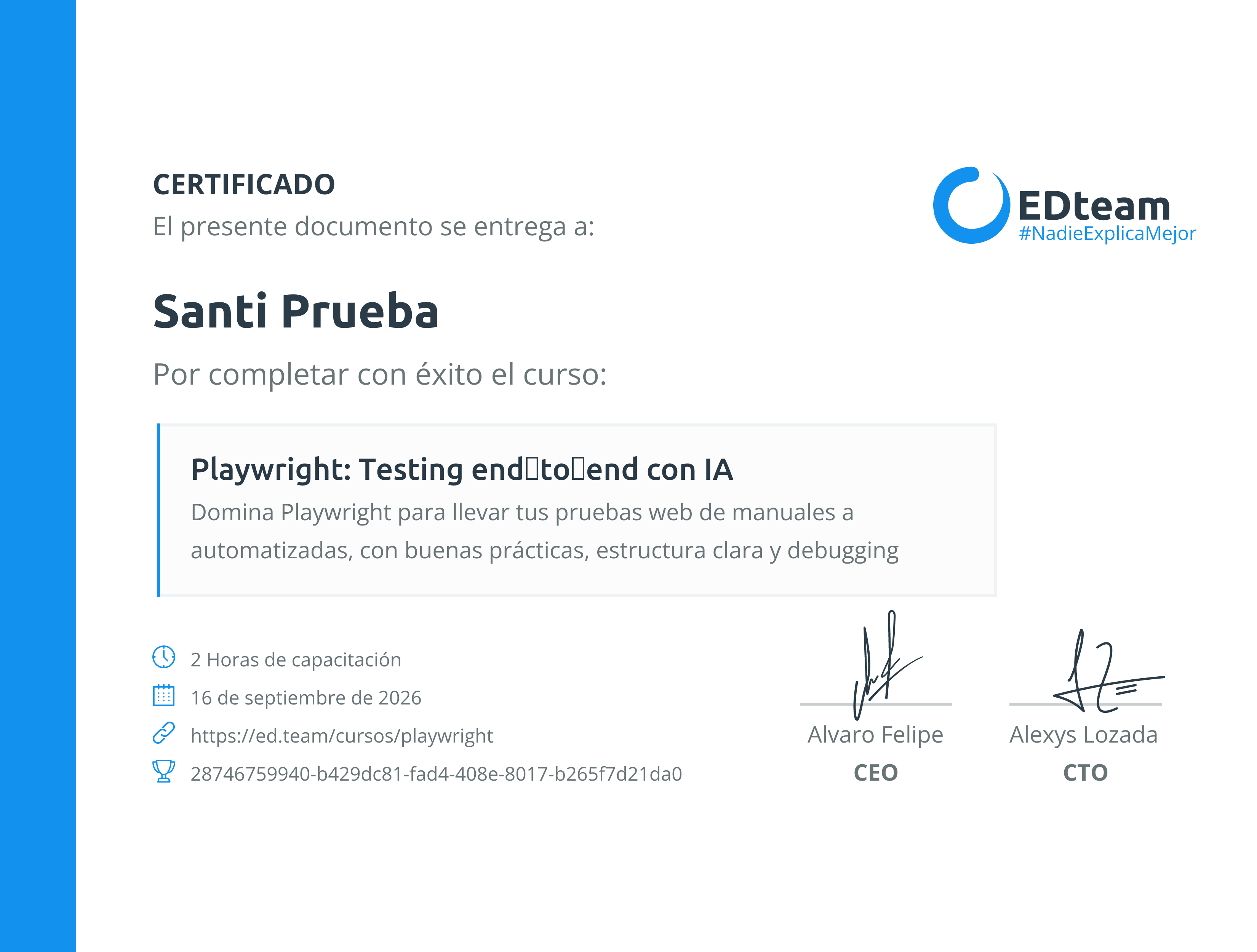 Certificado de Santi Prueba del curso Playwright: Testing end‑to‑end con IA