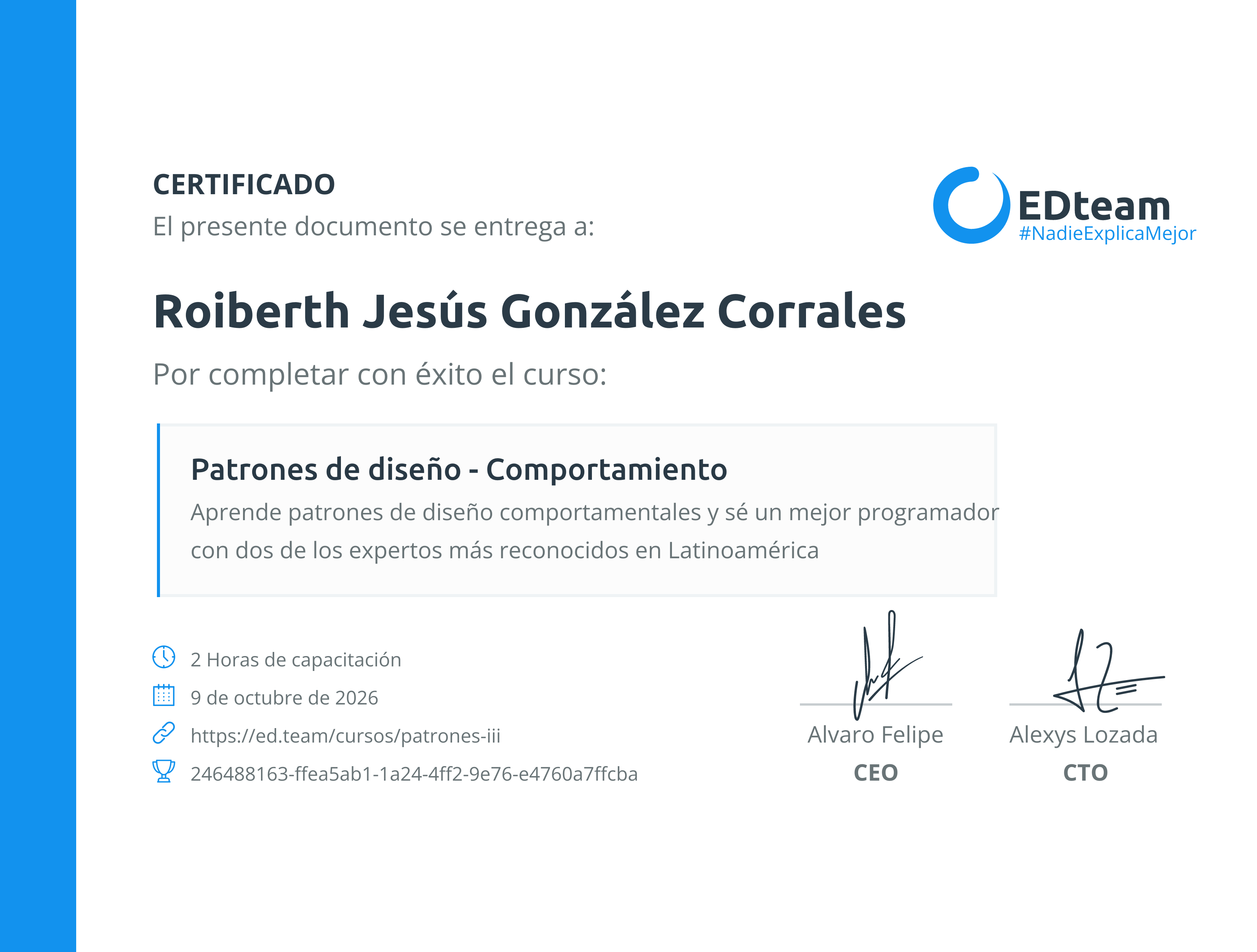 Certificado de Roiberth Jesús González Corrales del curso Patrones de diseño - Comportamiento