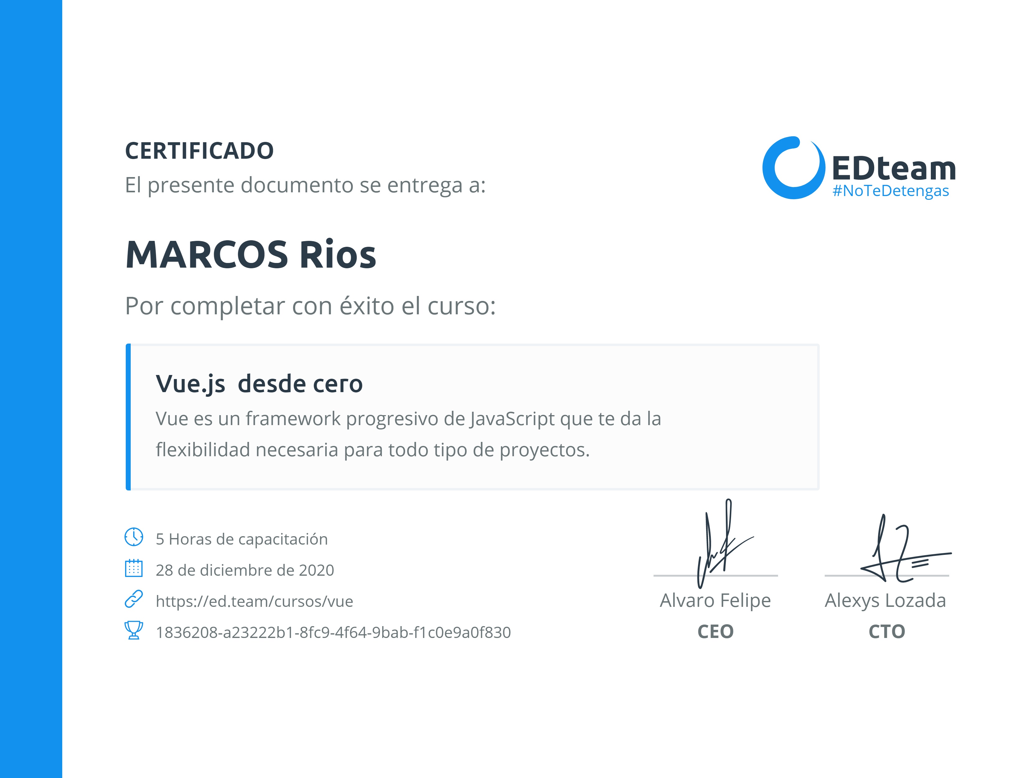 Certificado de Marcos Elias Rios Nuñez del curso Vue.js desde cero