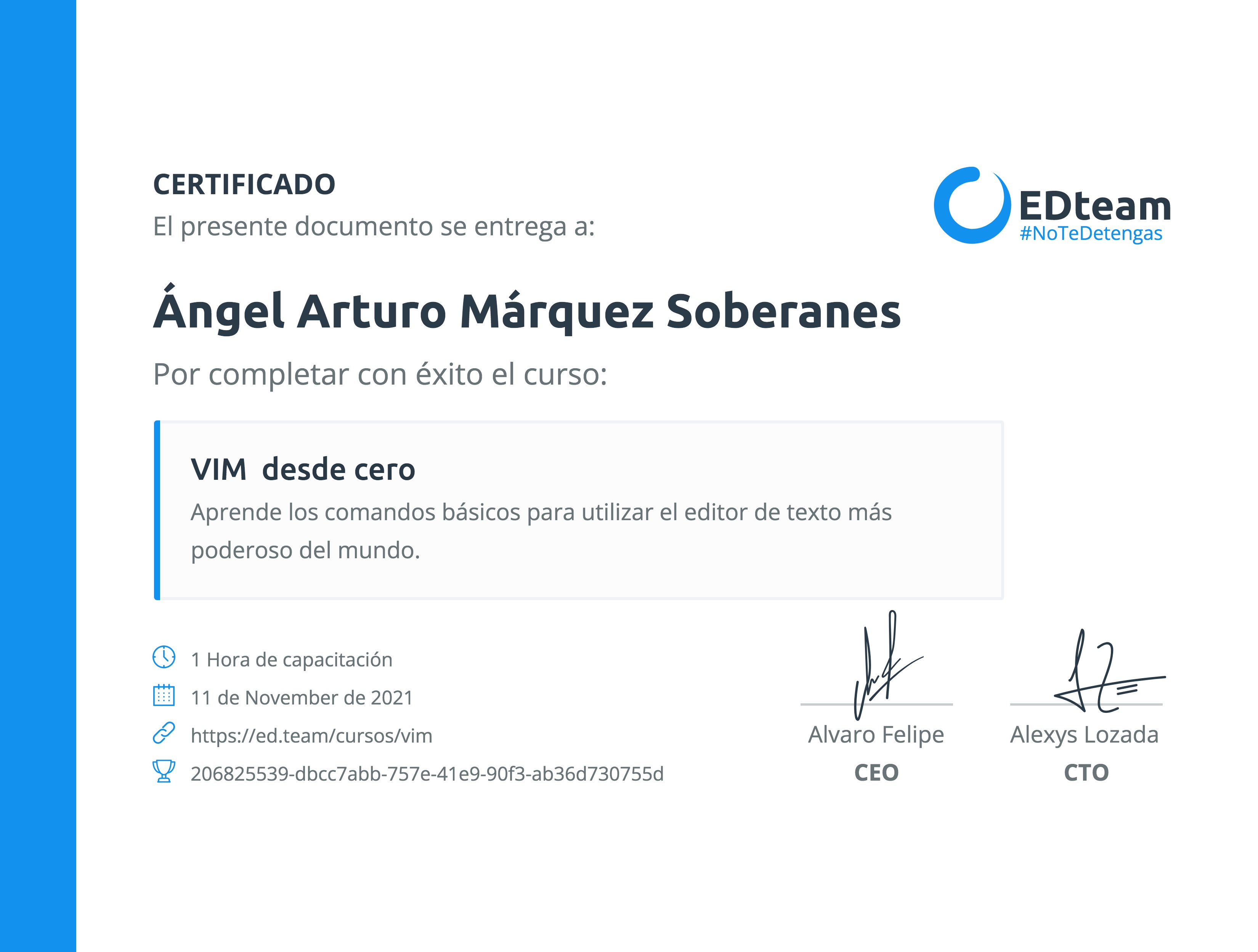 Certificado de Ángel Arturo Márquez Soberanes del curso VIM desde cero (Gratis)