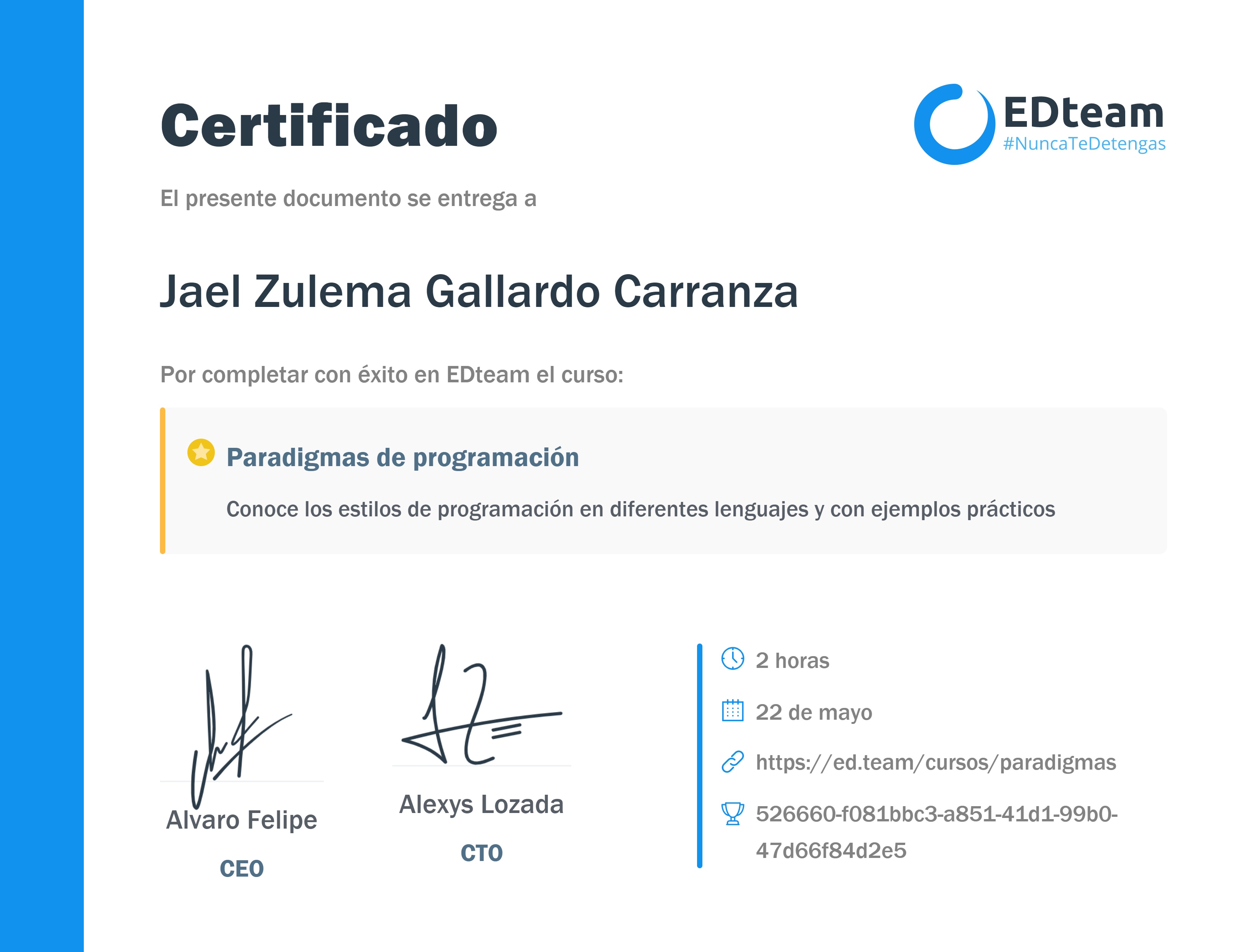 Certificado de Jael Zulema Gallardo Carranza del curso Paradigmas de programación