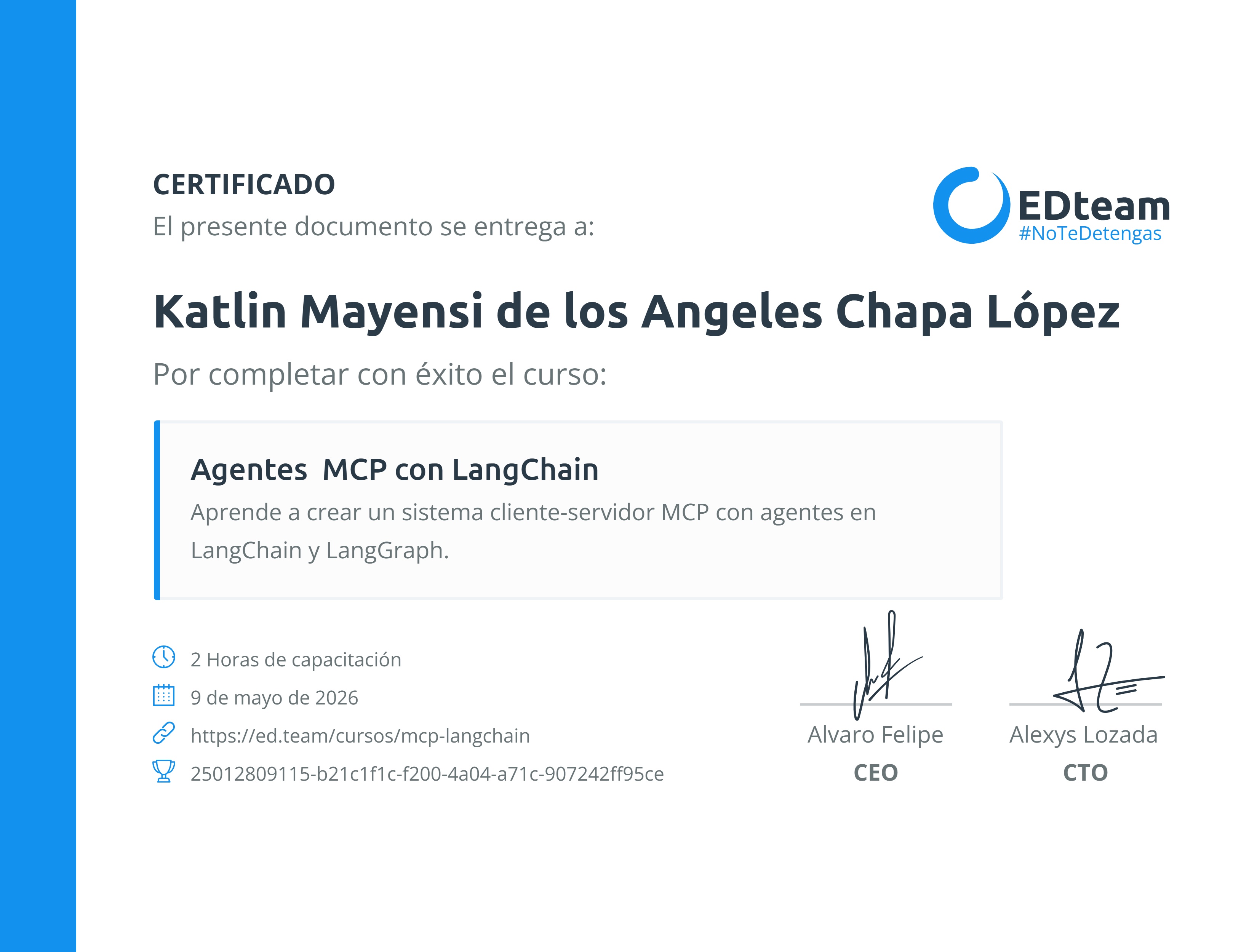 Certificado de Katlin Mayensi de los Angeles Chapa López del curso Agentes MCP con LangChain