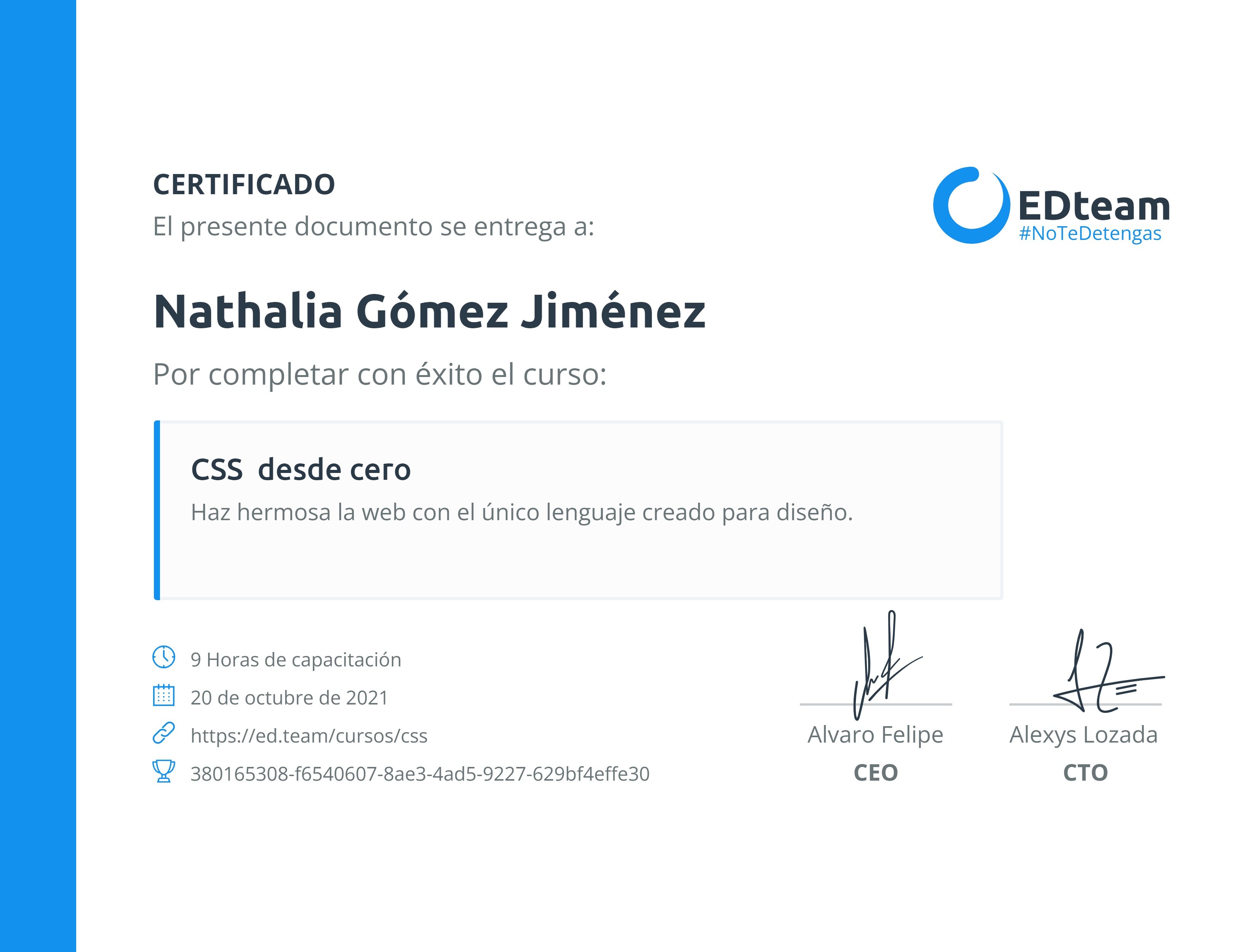 Certificado de Nathalia Gómez Jiménez del curso CSS desde cero (2020)