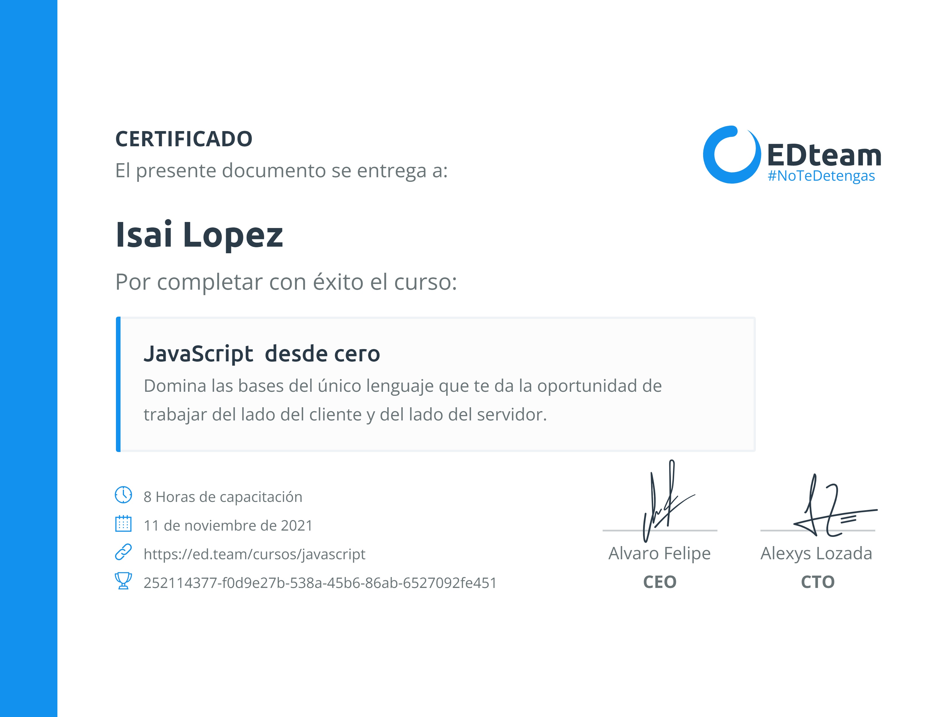 Certificado de Isai Lopez del curso JavaScript desde cero