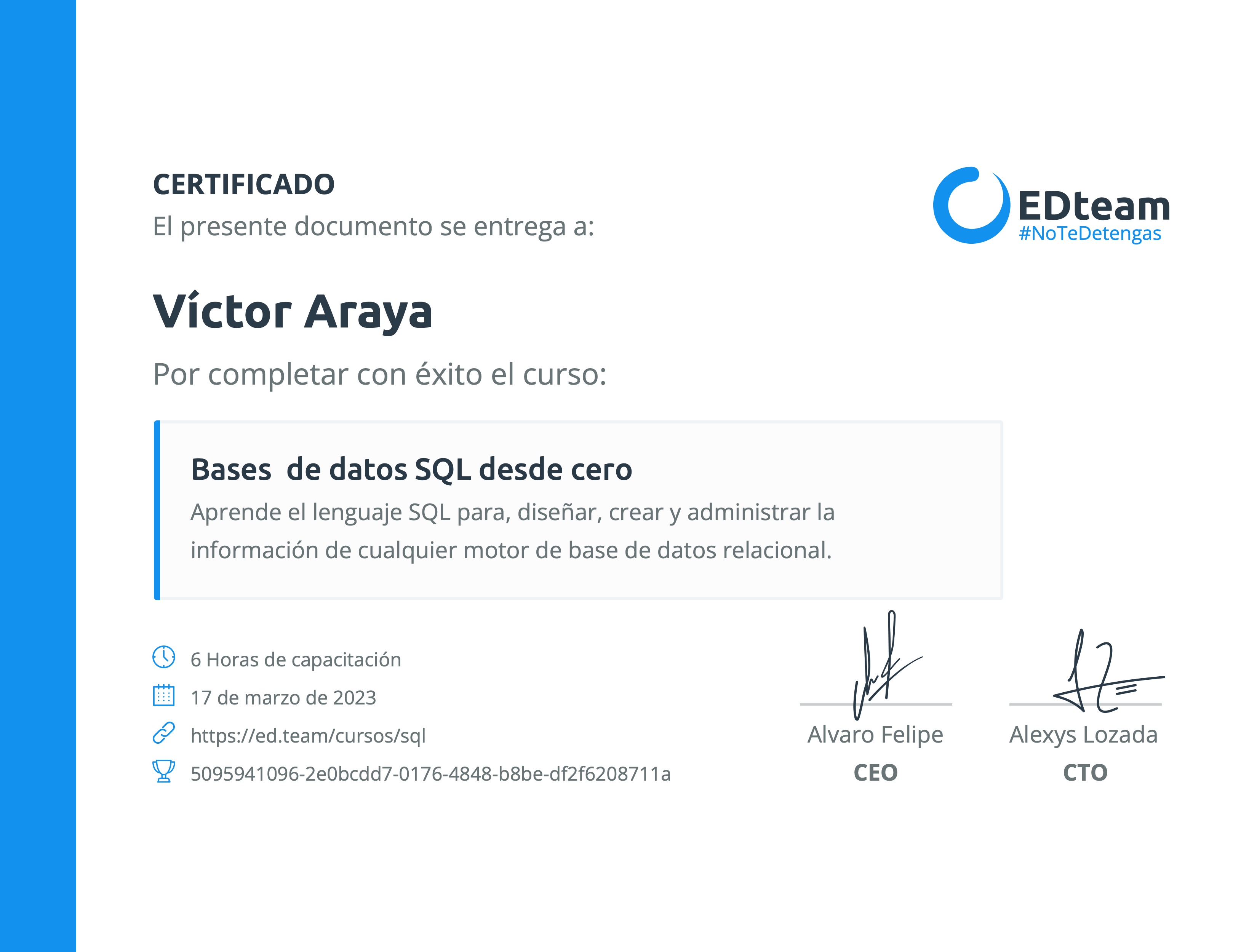 Certificado de Víctor Araya del curso Bases de datos SQL desde cero
