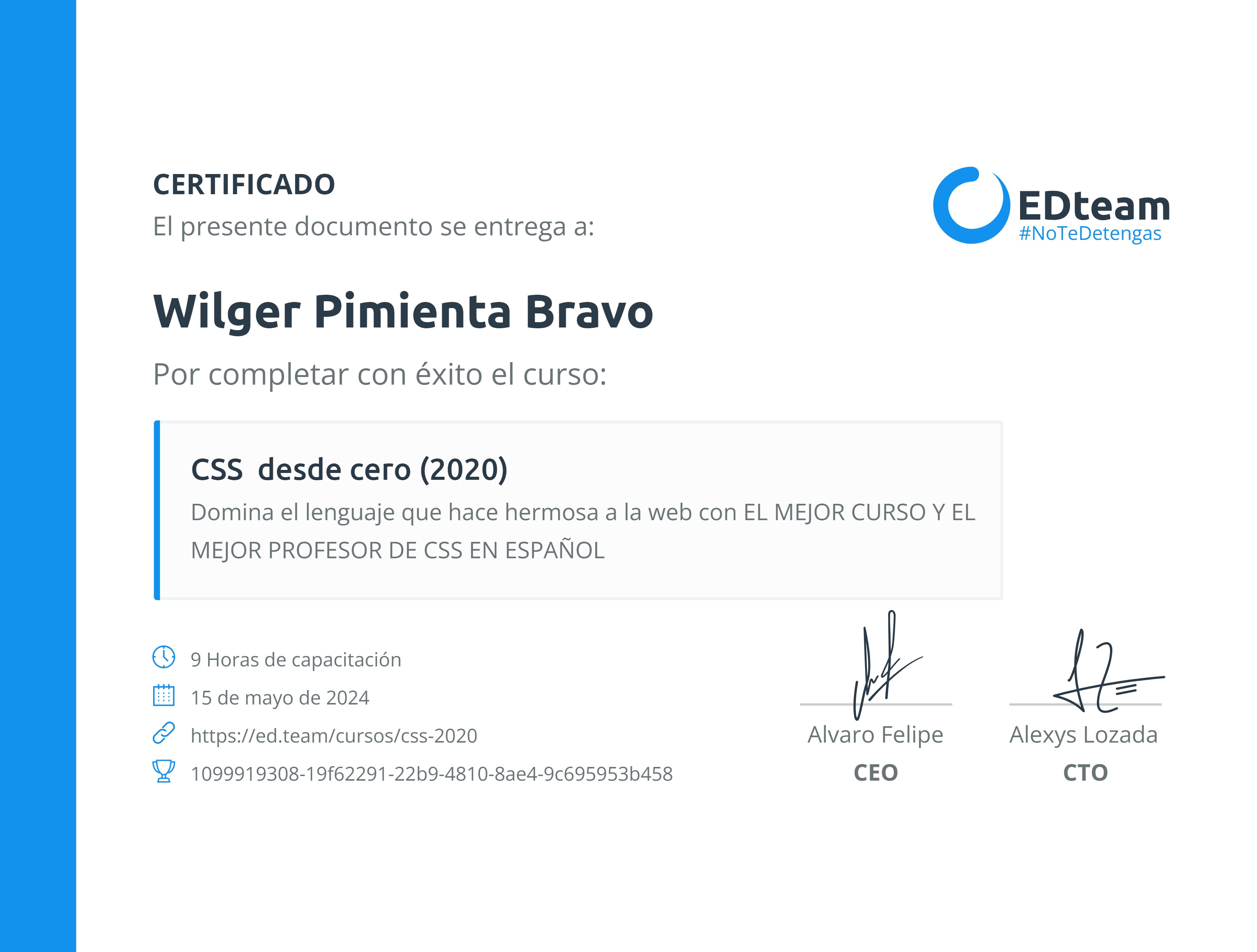 Certificado de Wilger Pimienta Bravo del curso CSS desde cero (2020)