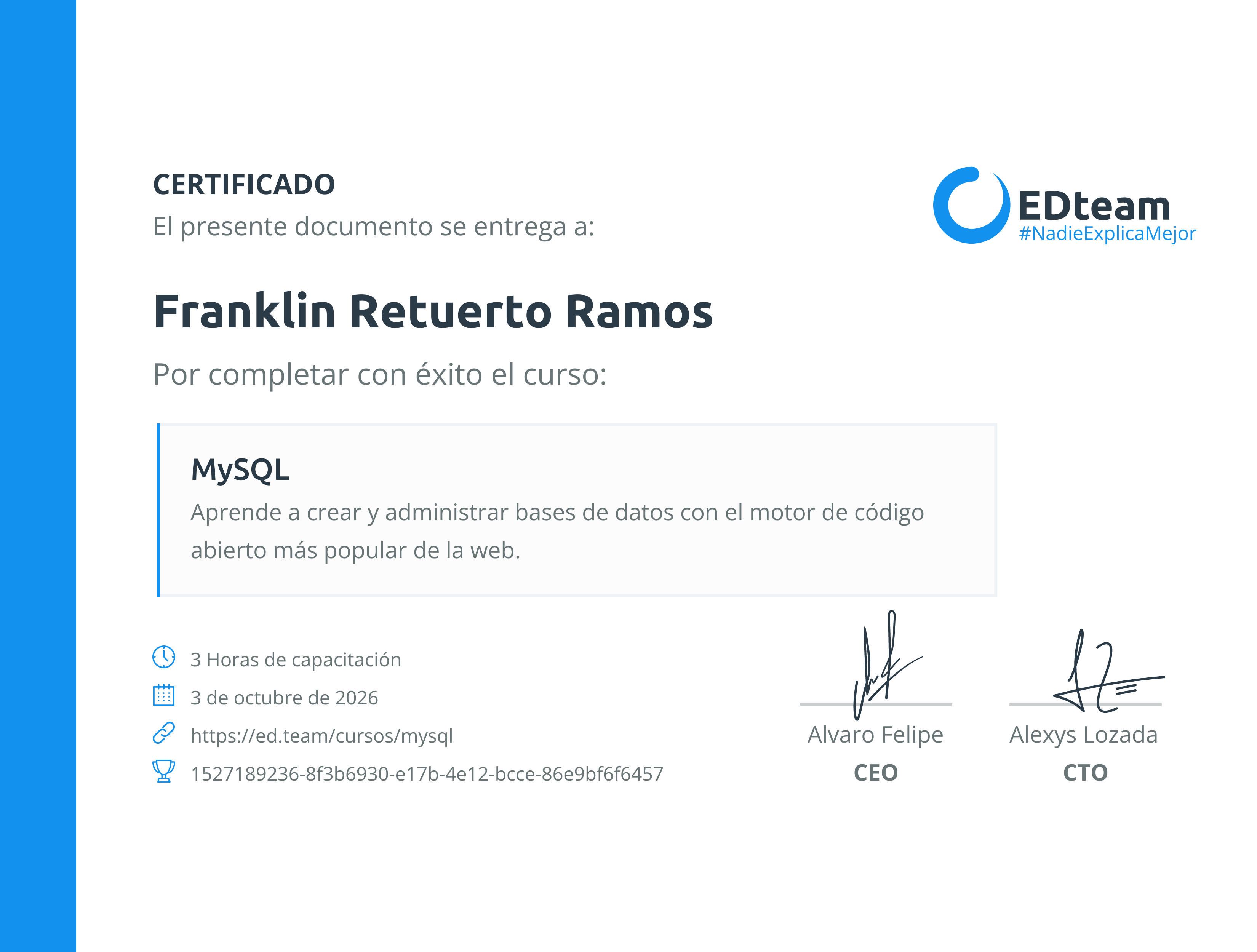 Certificado de Franklin Retuerto Ramos del curso MySQL