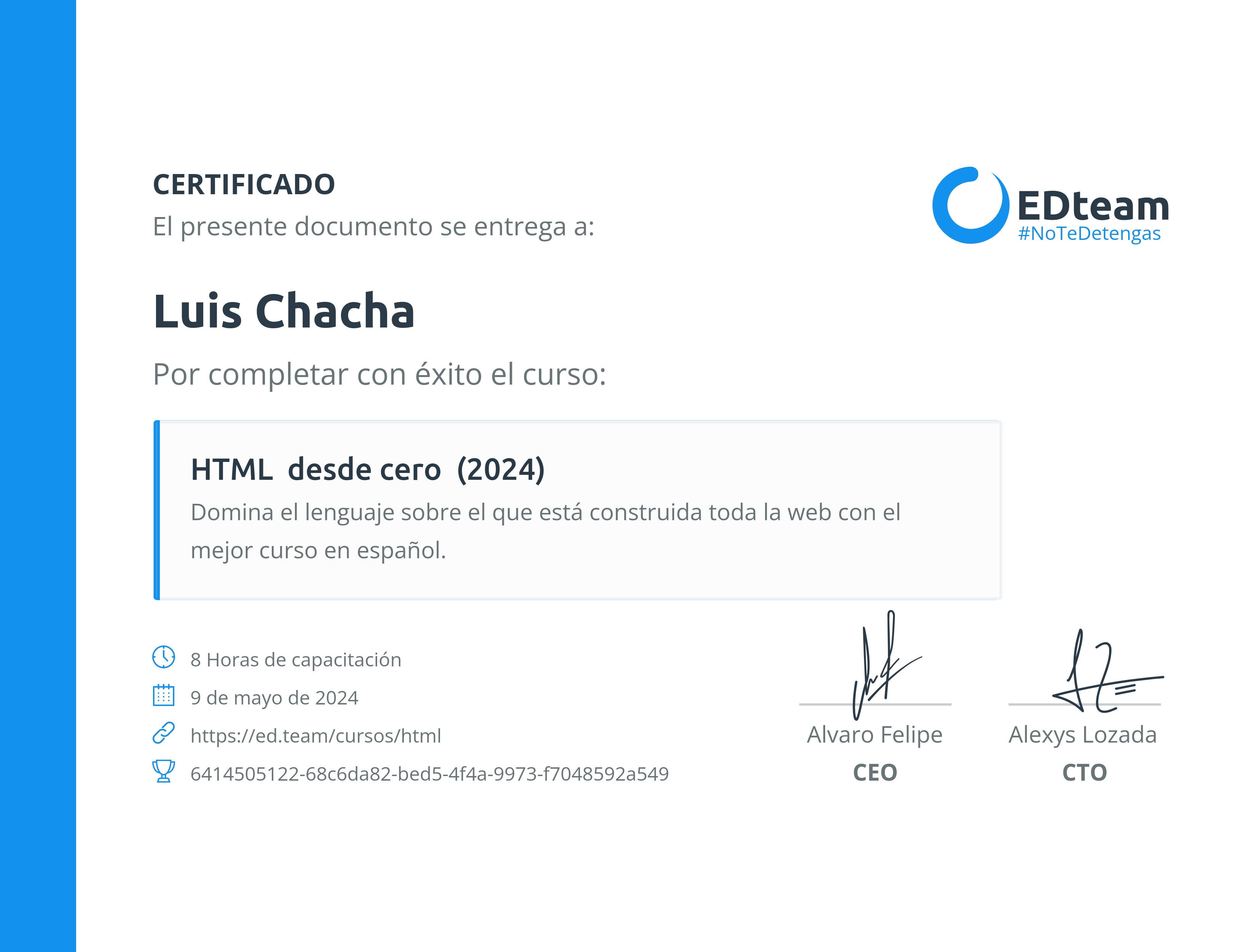 Certificado de Luis Chacha del curso HTML desde cero (2024)