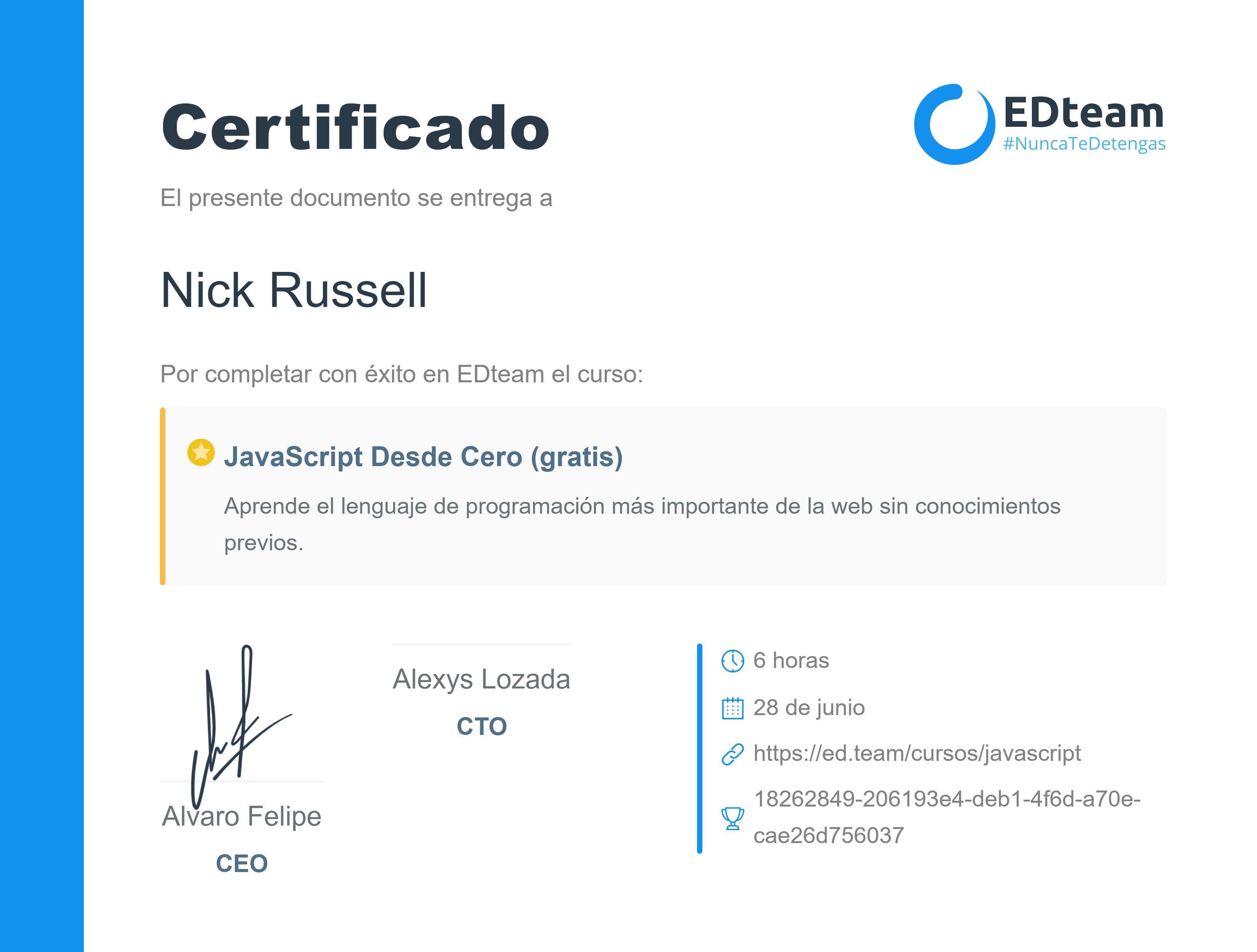 Certificado de Nick Russell del curso JavaScript Desde Cero (gratis) (2018)
