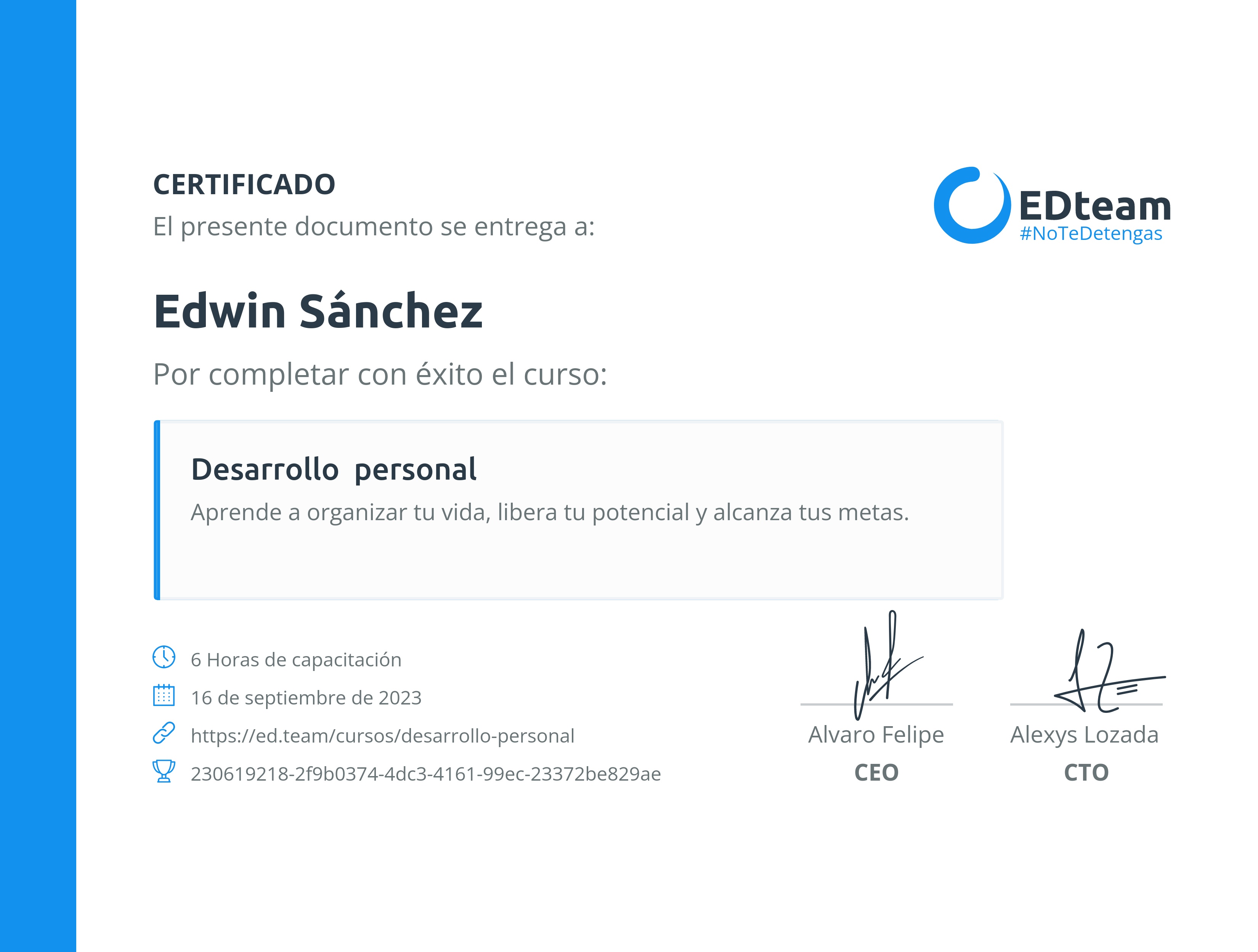 Certificado de Edwin Sánchez del curso Desarrollo personal