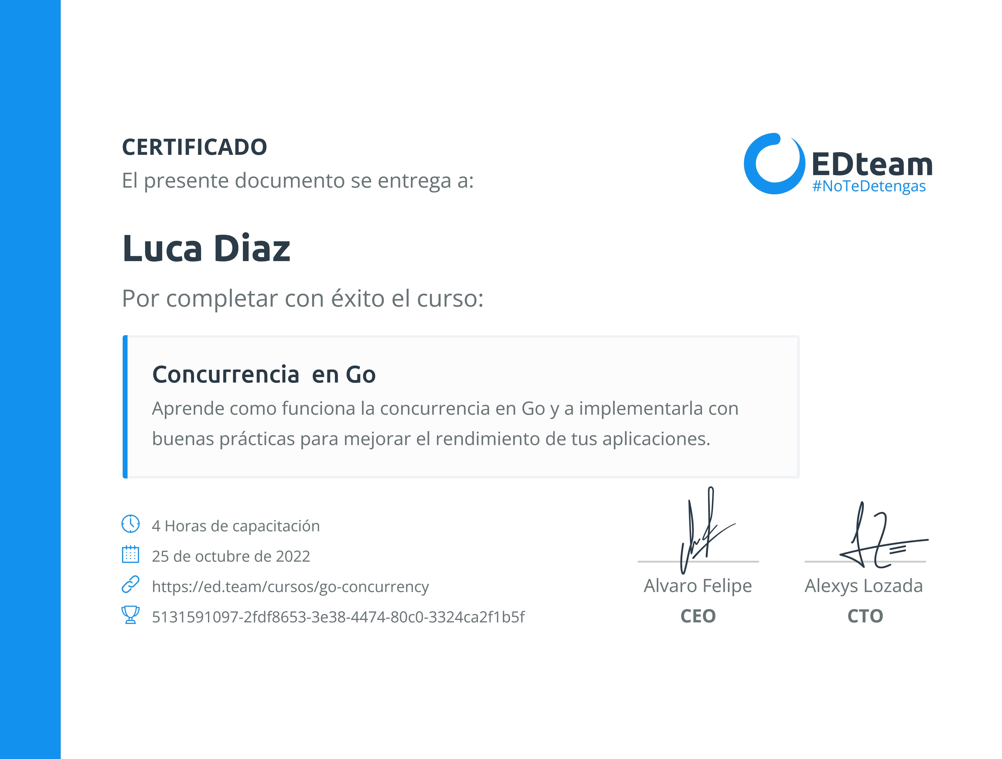 Certificado de Luca Diaz del curso Concurrencia en Go