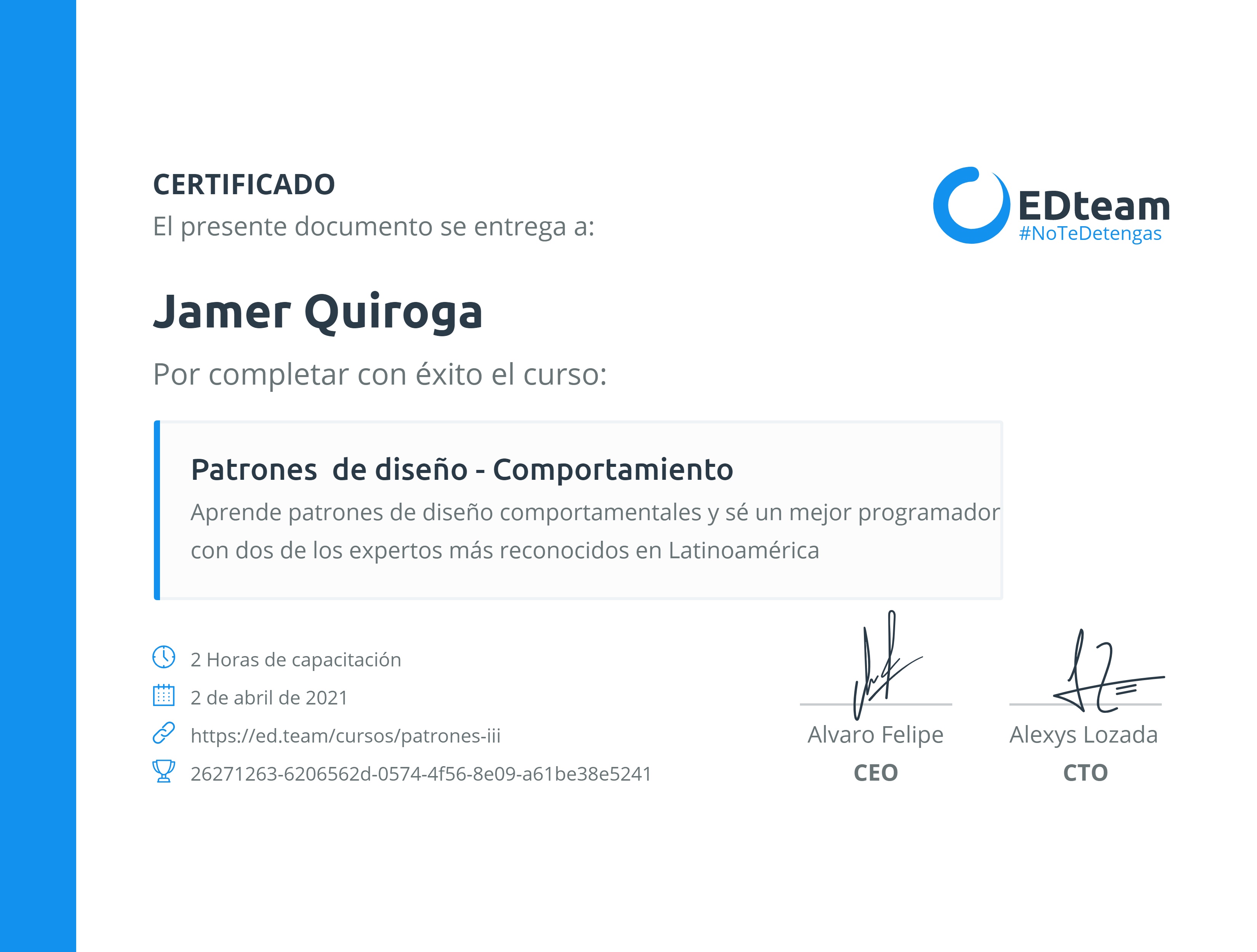 Certificado de Jamer Quiroga del curso Patrones de diseño - Comportamiento