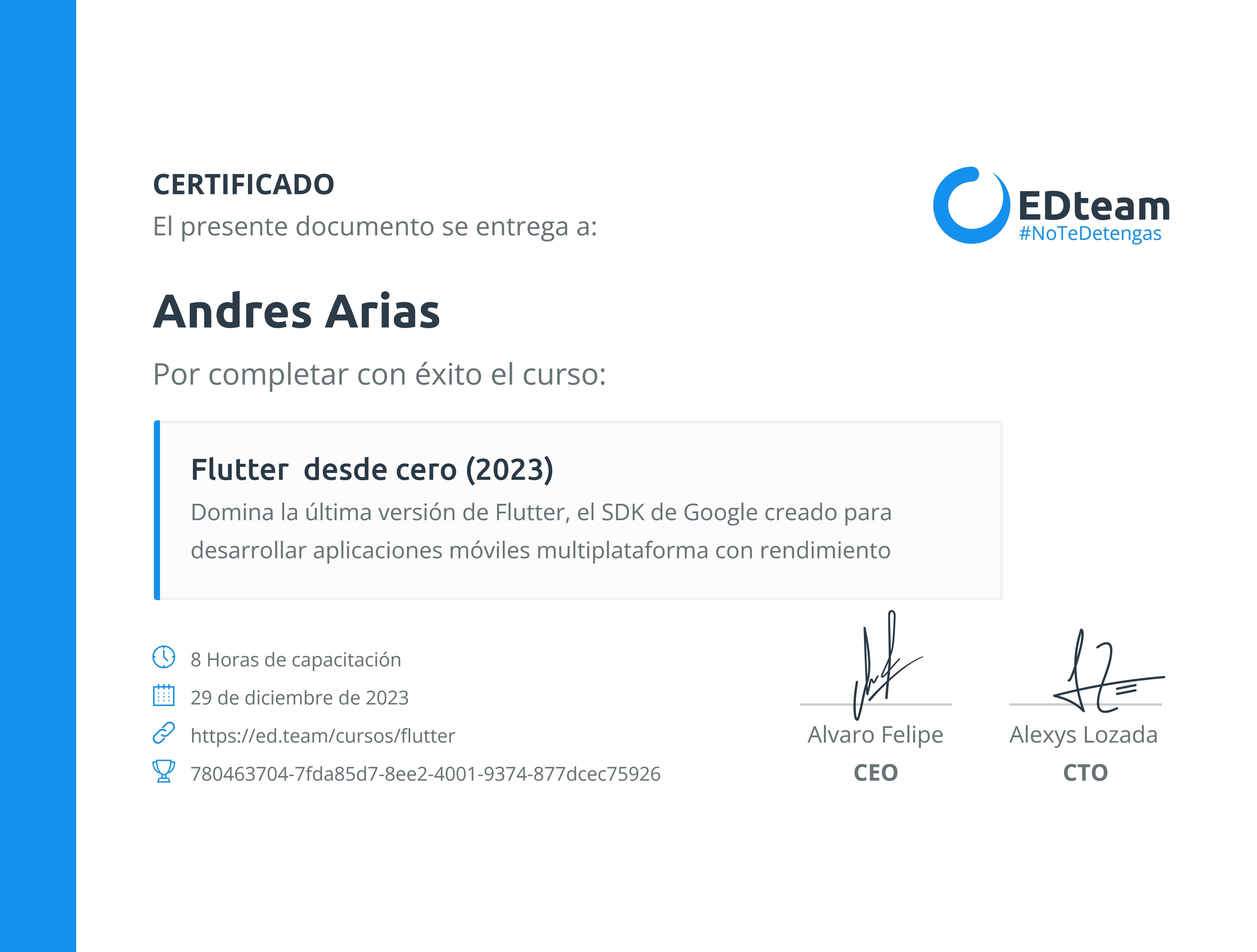 Certificado de Andres Arias del curso Flutter desde cero