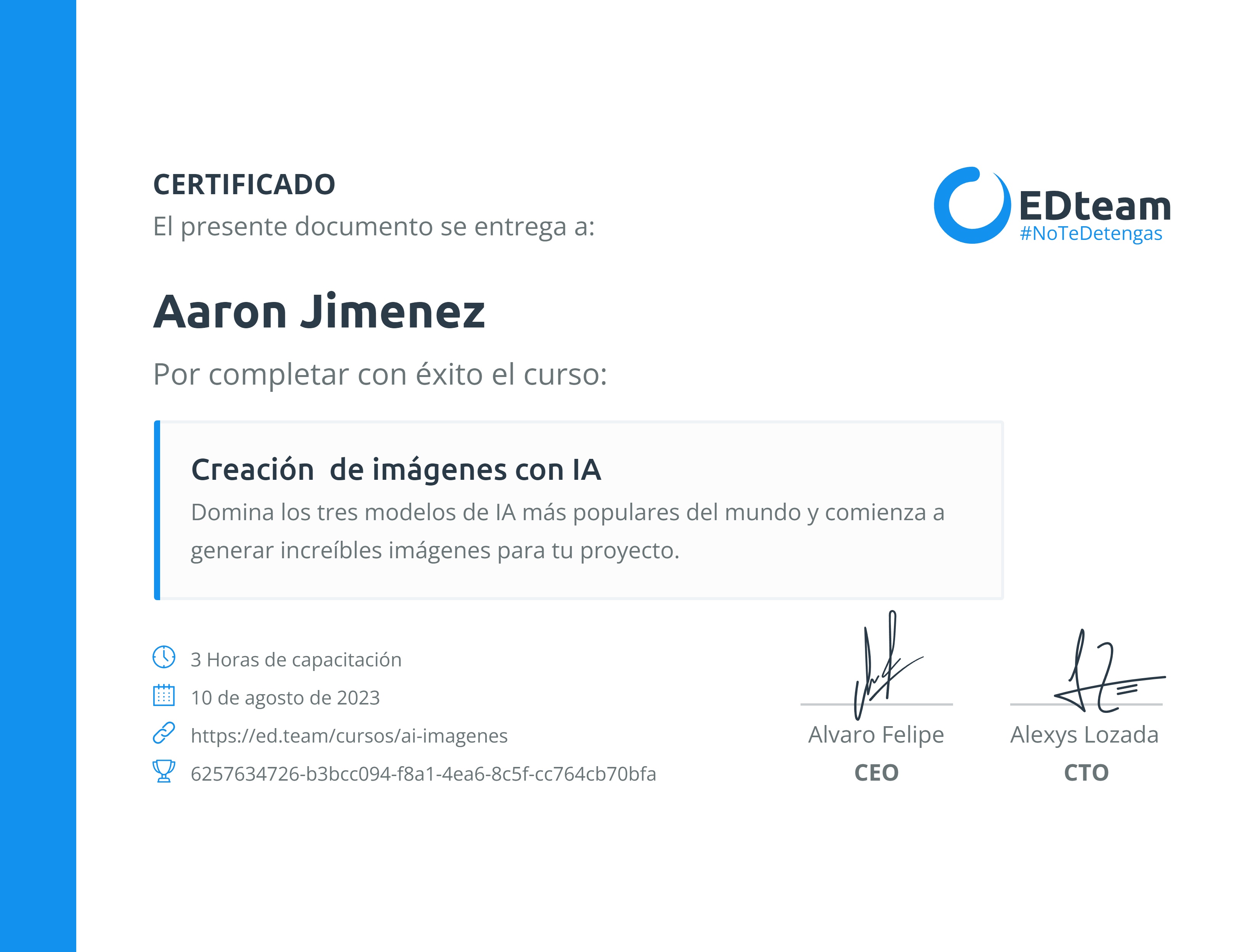 Certificado de Aaron Jimenez del curso Creación de imágenes con IA