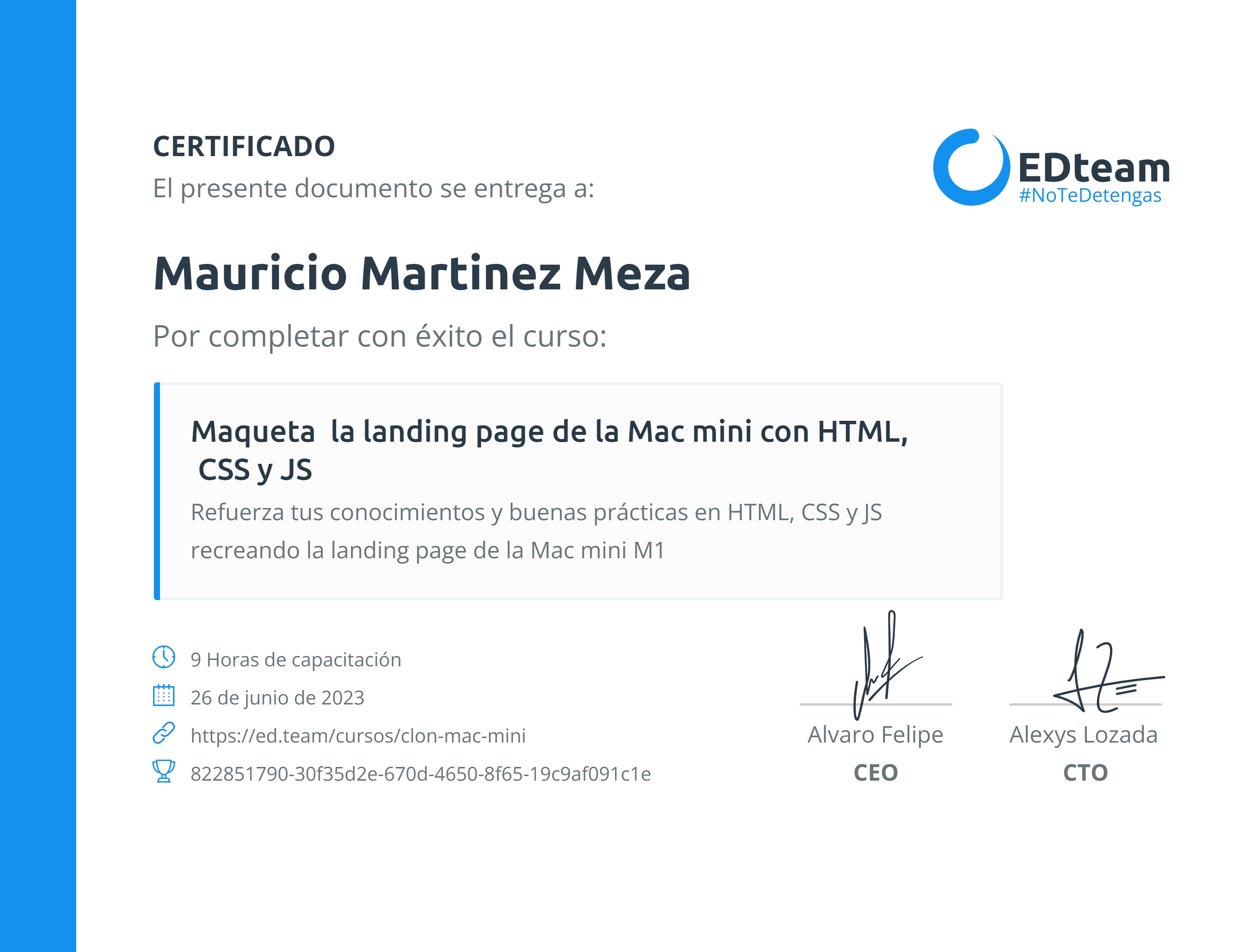 Certificado de Mauricio Martinez Meza del curso Maqueta la landing page de la Mac mini con HTML, CSS y JS