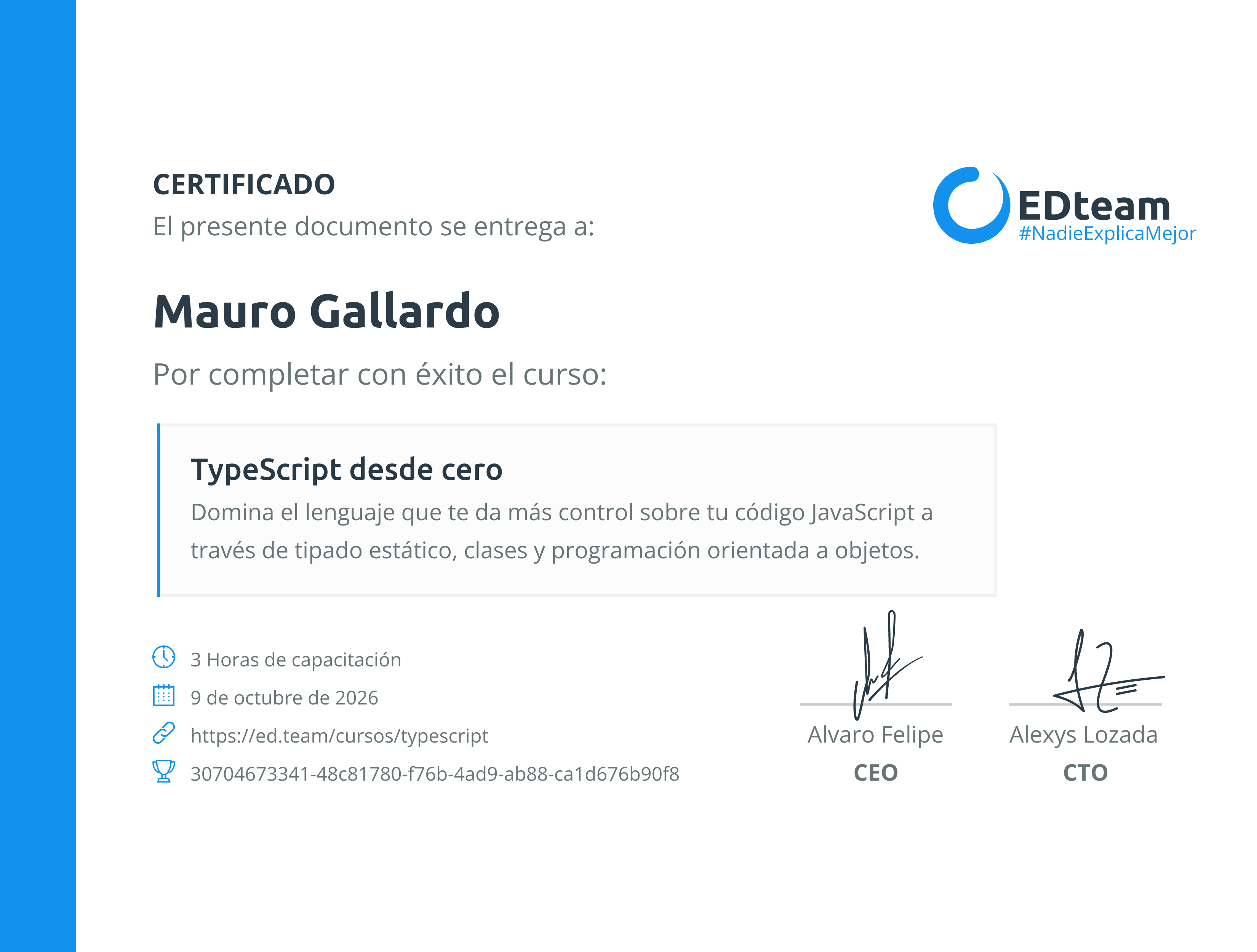 Certificado de Mauro Gallardo del curso TypeScript desde cero