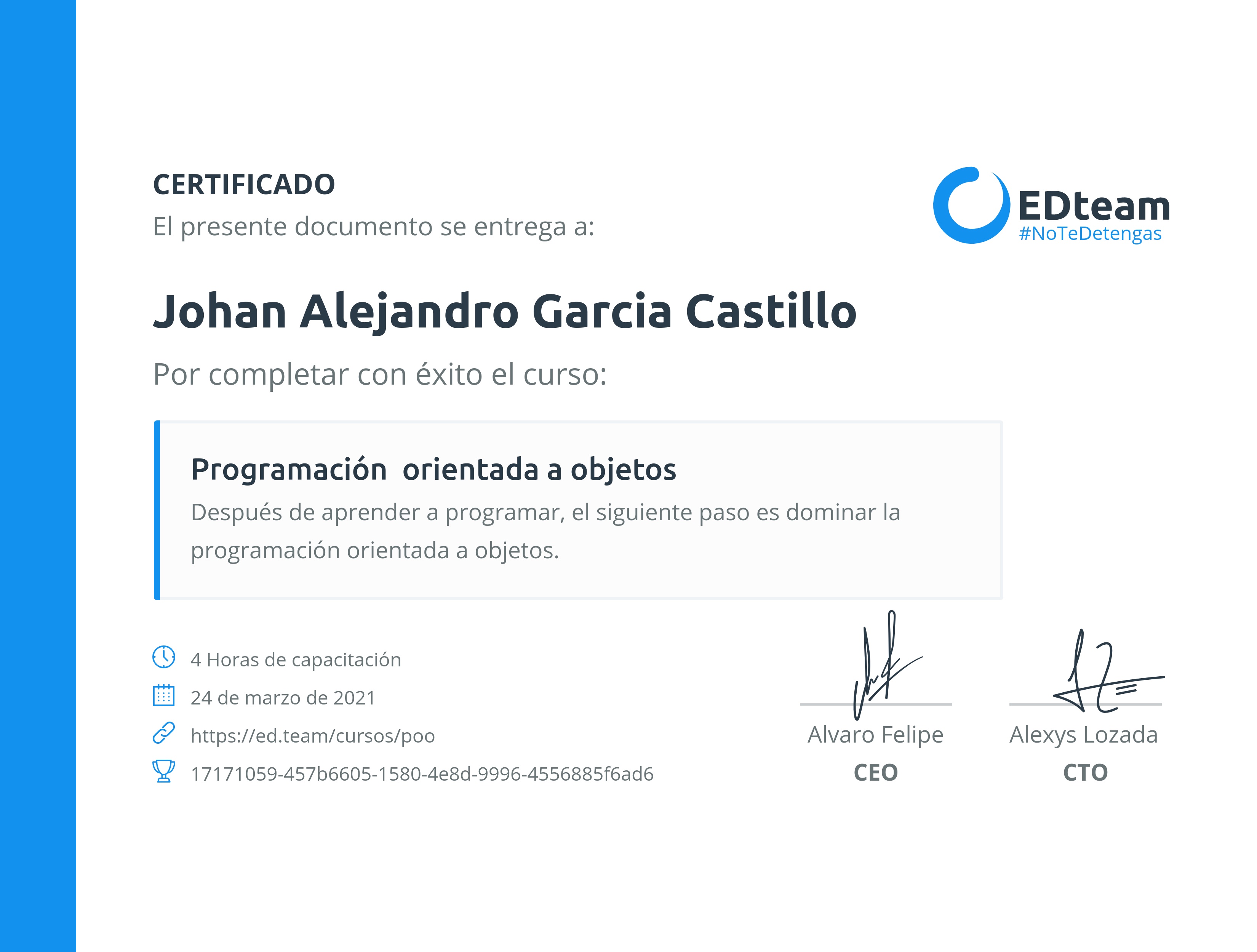 Certificado de Johan Alejandro Garcia Castillo del curso Programación orientada a objetos