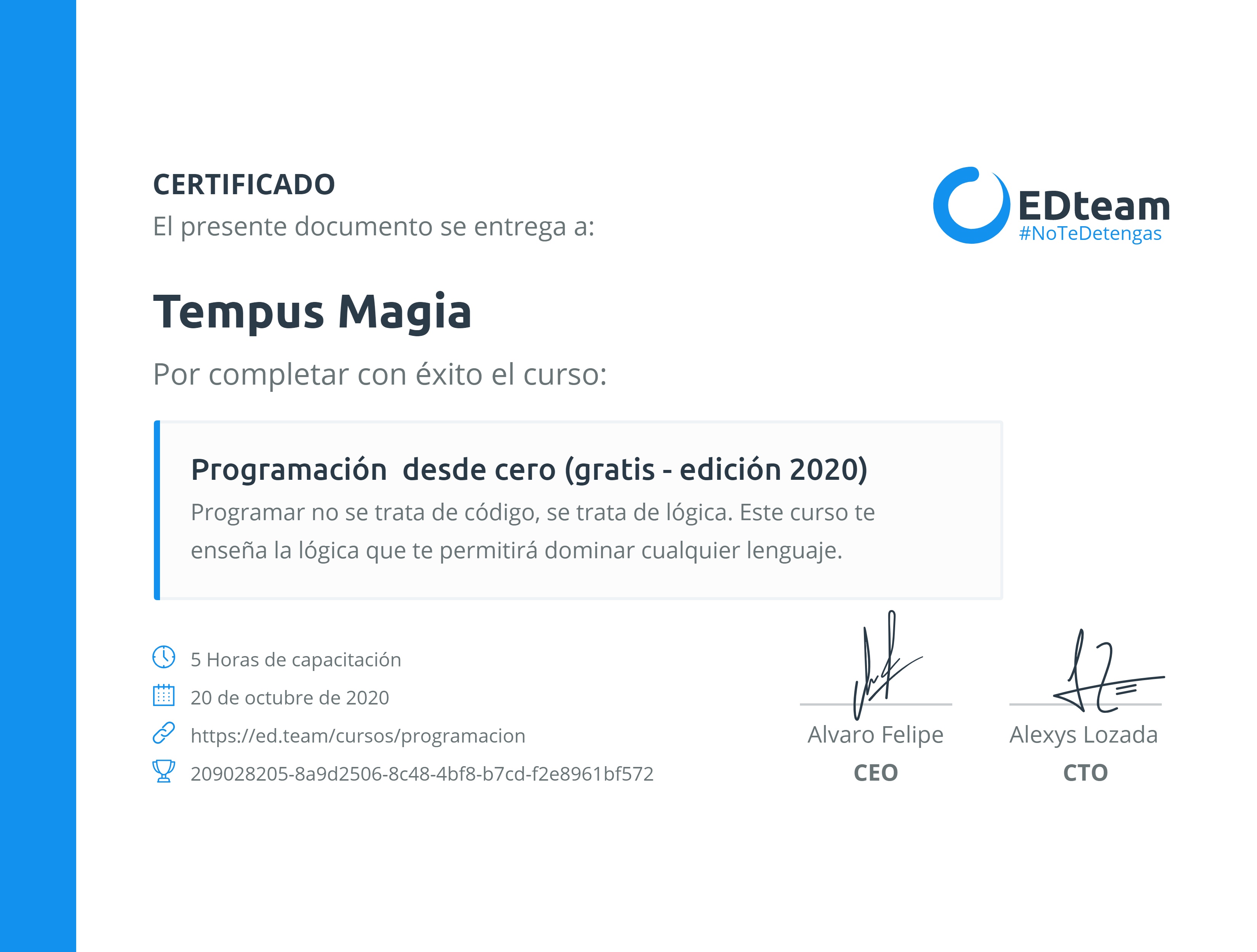 Certificado de Jesus Alvarez Sombrerero del curso Programación desde cero (2019)