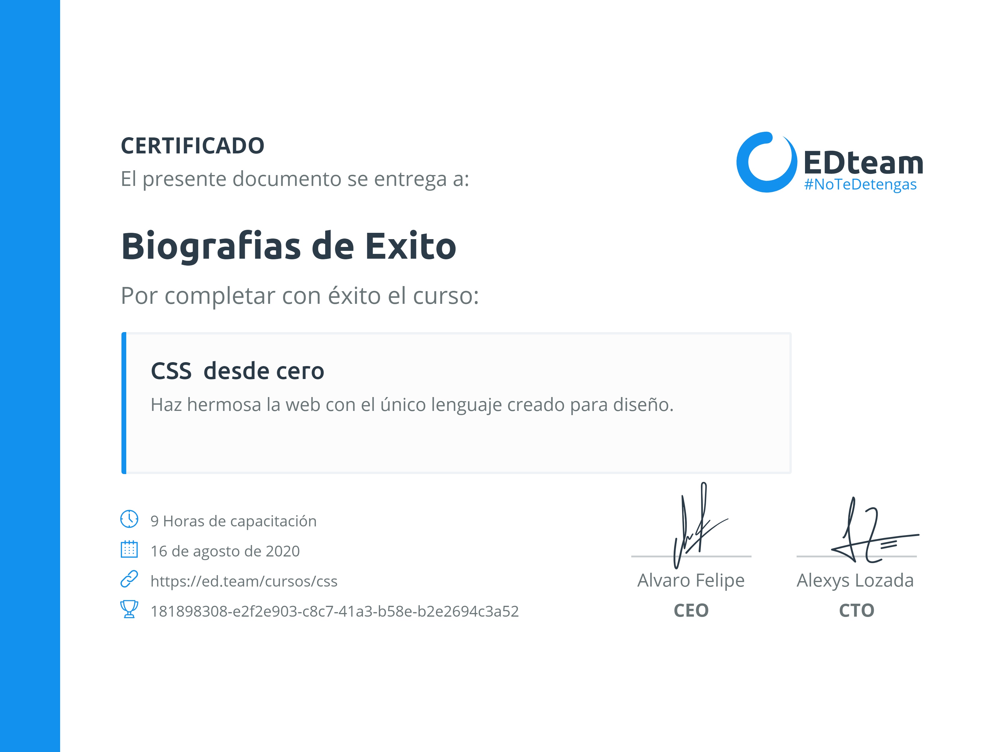 Certificado de Biografias de Exito del curso CSS desde cero (2020)