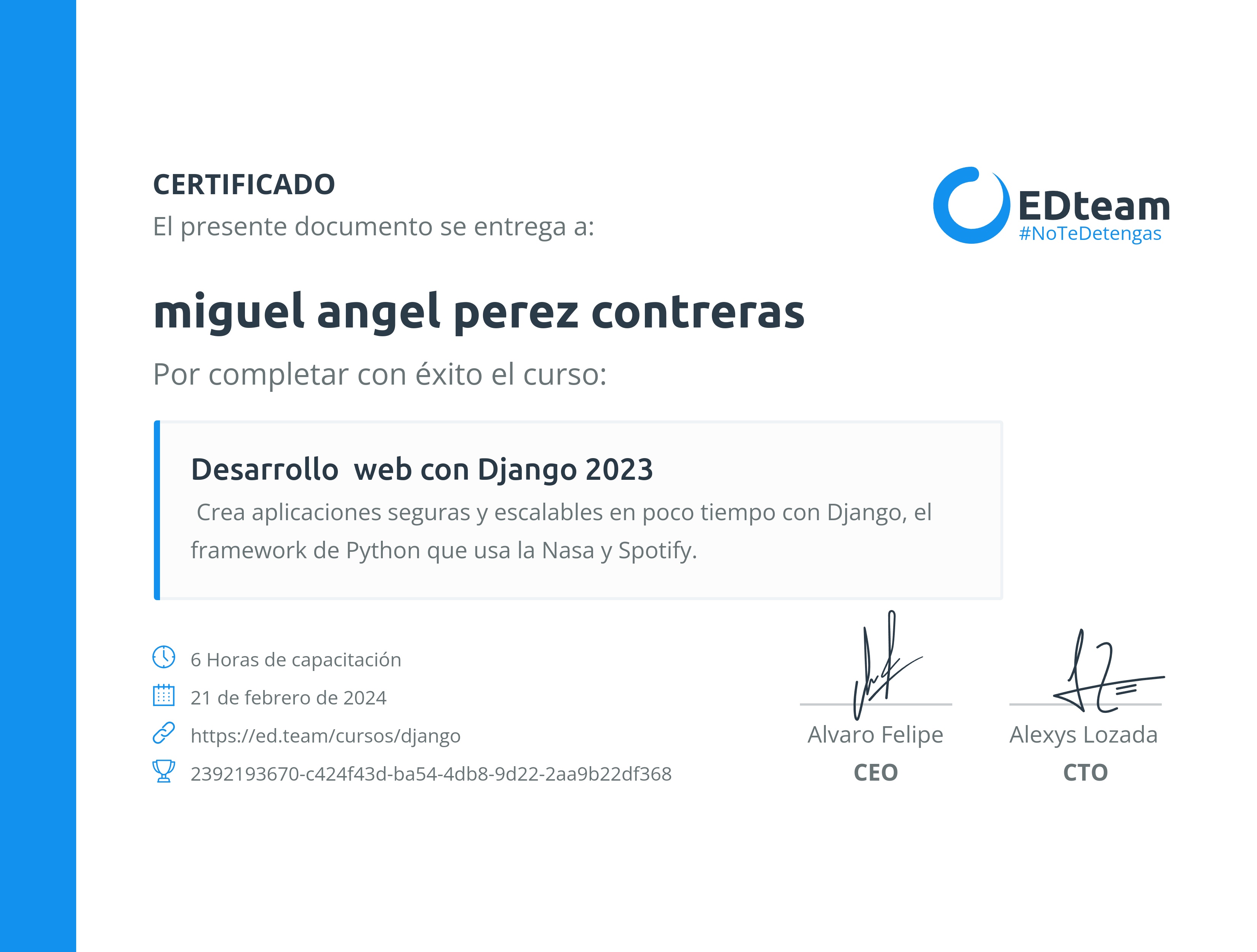 Certificado de miguel angel perez contreras del curso Desarrollo web con Django