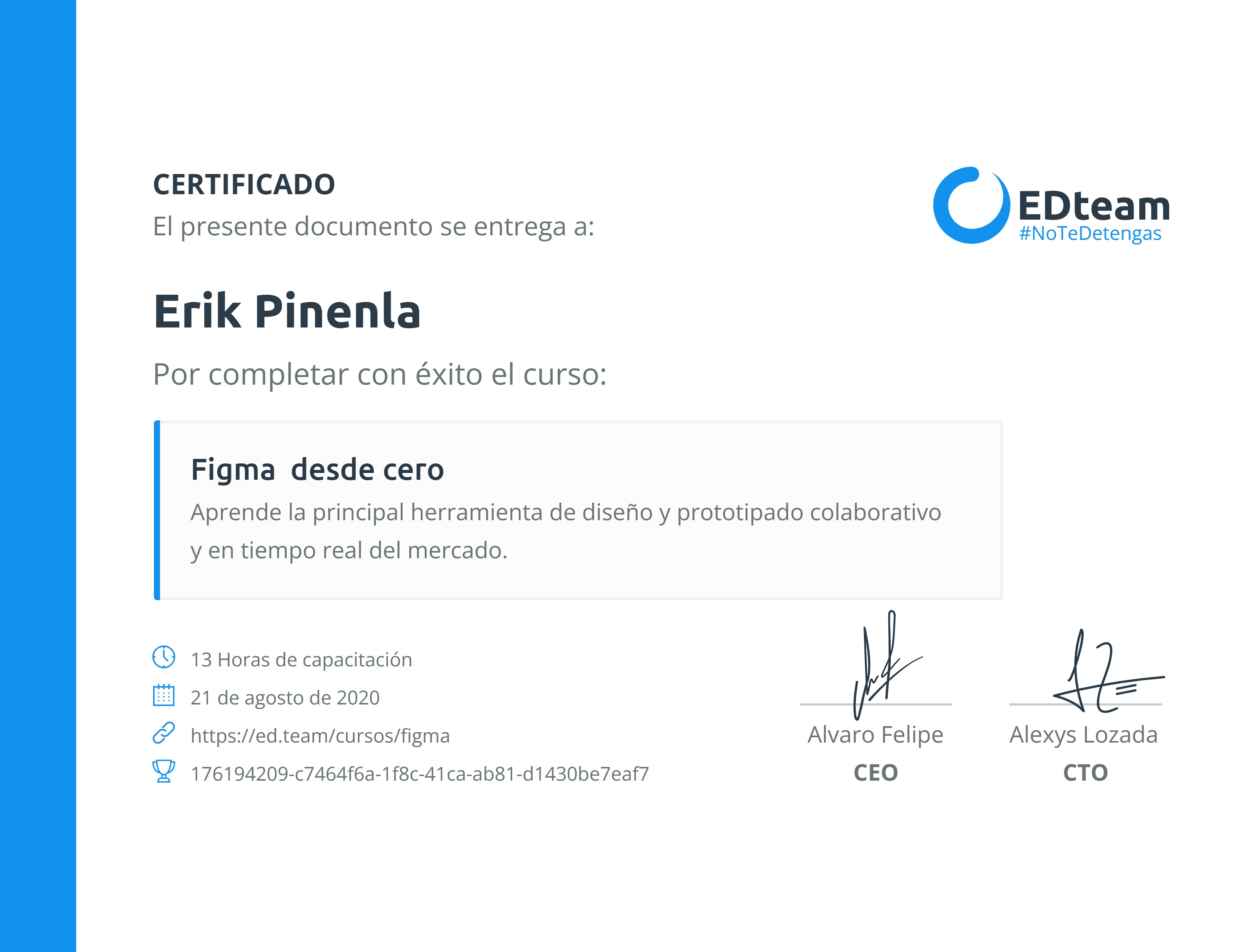 Certificado de Erik Pinenla del curso Figma desde cero (2019)