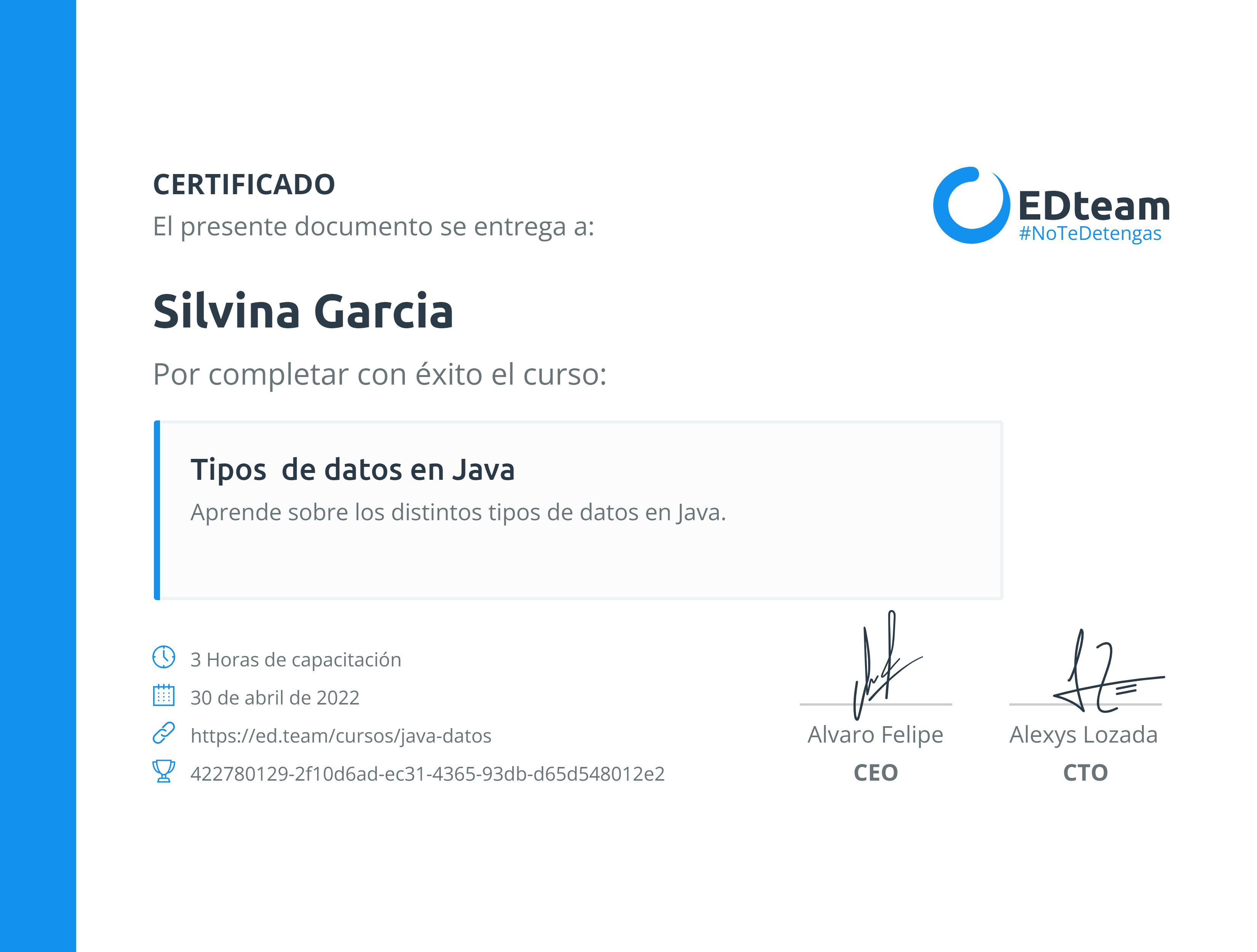 Certificado de Silvina Garcia del curso Tipos de datos en Java | EDteam
