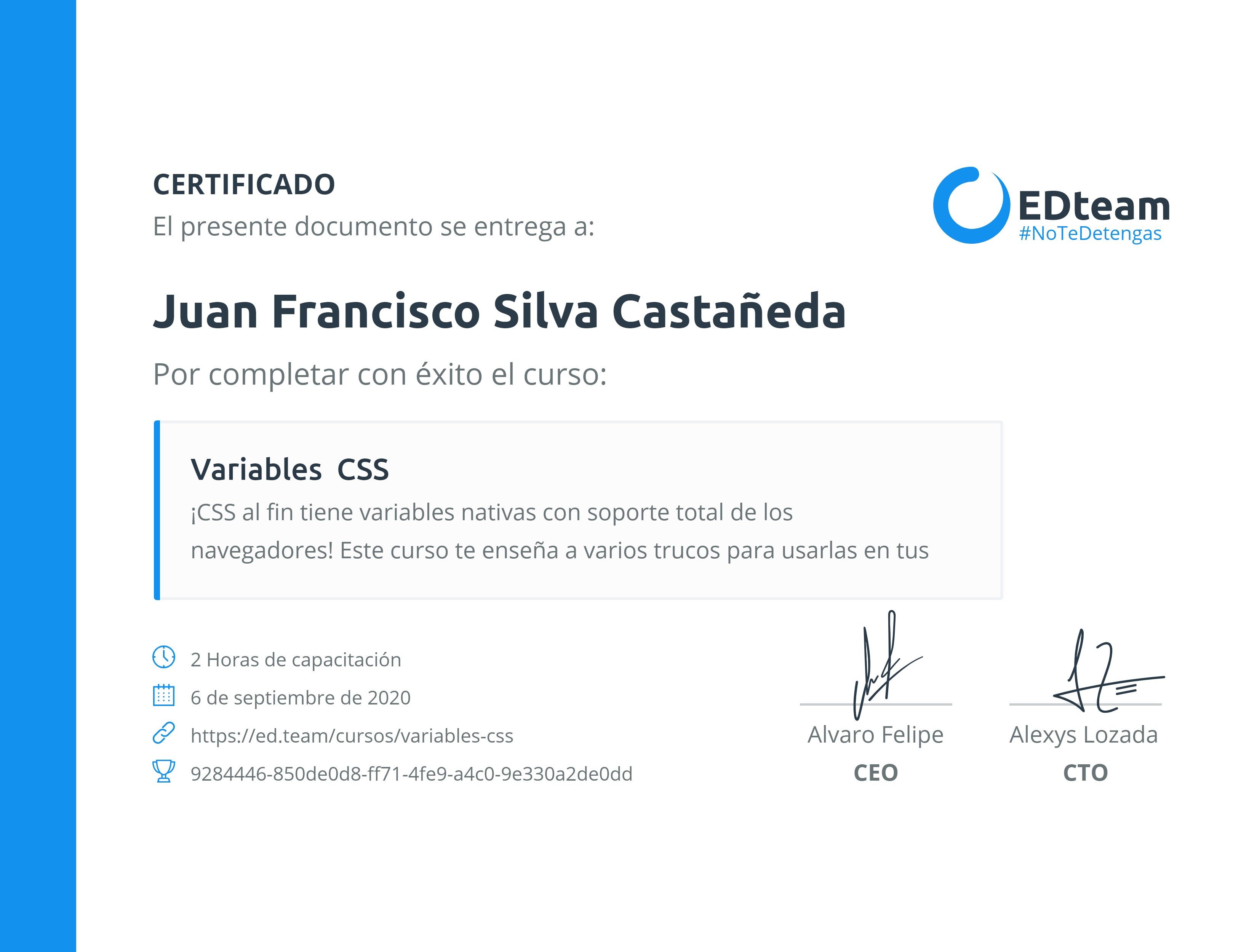 Certificado de Juan Francisco Silva Castañeda del curso Variables CSS