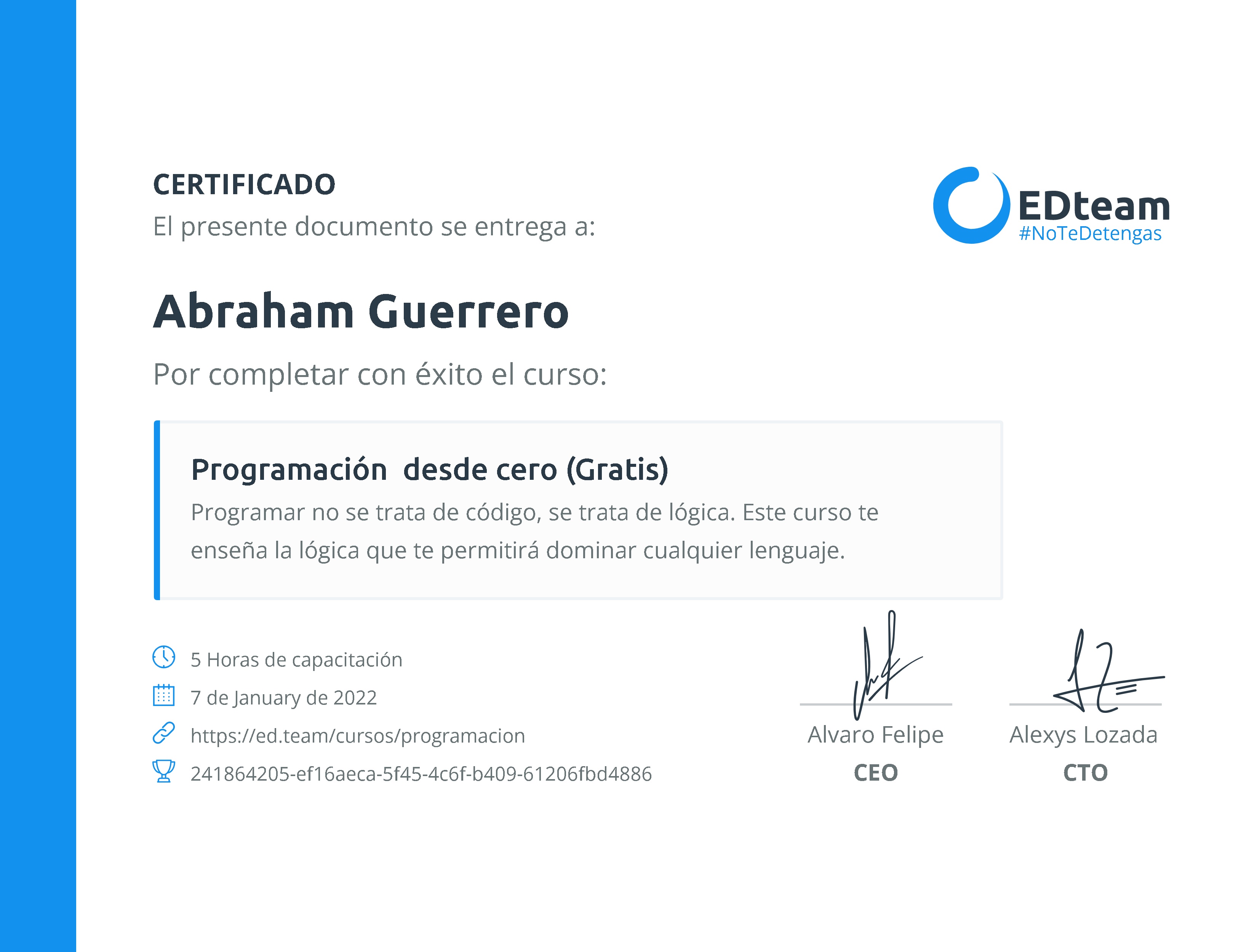 Certificado de Abraham Guerrero del curso Programación desde cero (2019)
