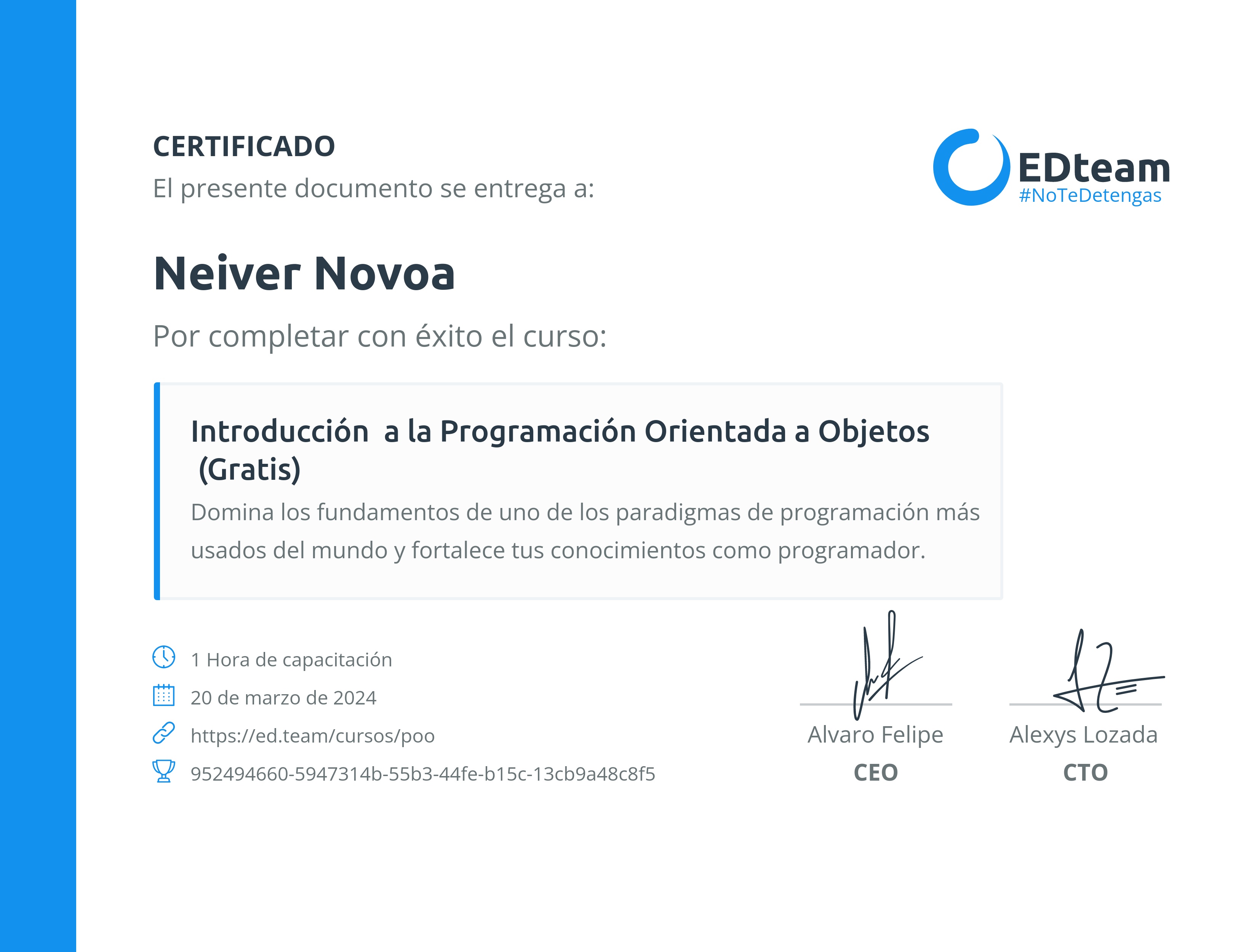 Certificado de Neiver Novoa del curso Introducción a la Programación Orientada a Objetos (Gratis)