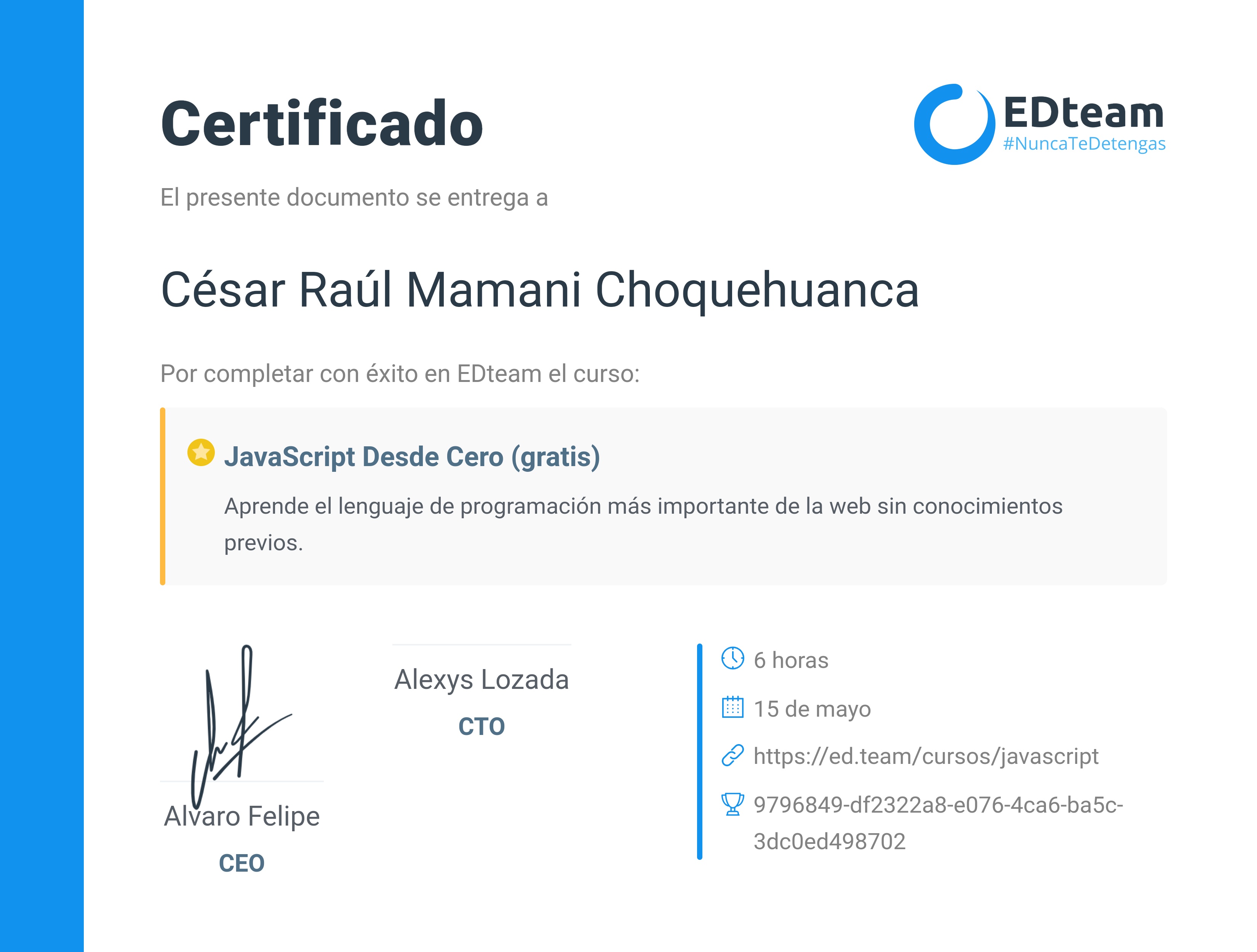 Certificado de Raul Peru del curso JavaScript Desde Cero (gratis) (2018)