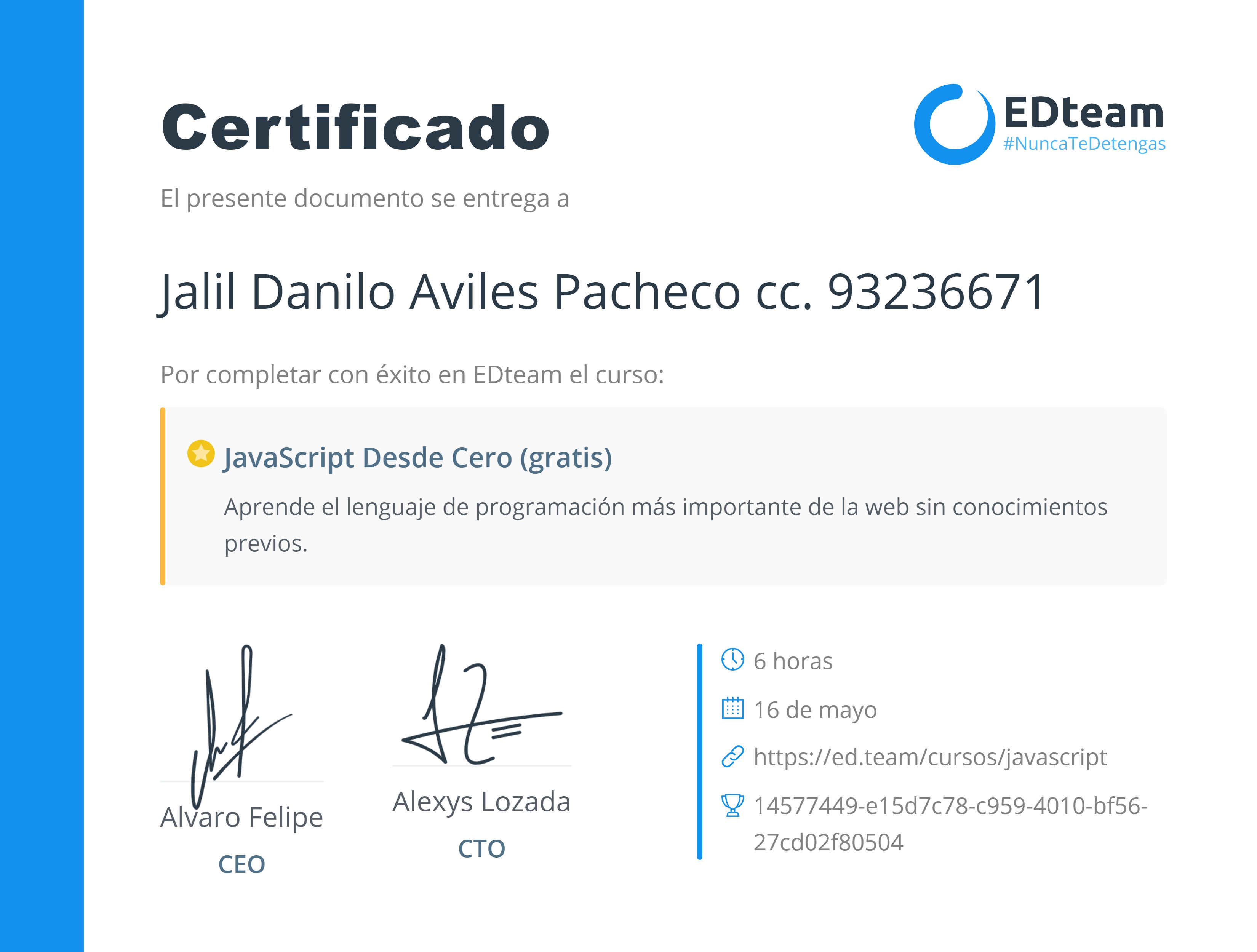 Certificado de Jalil Danilo Aviles Pacheco del curso JavaScript Desde Cero (gratis) (2018)