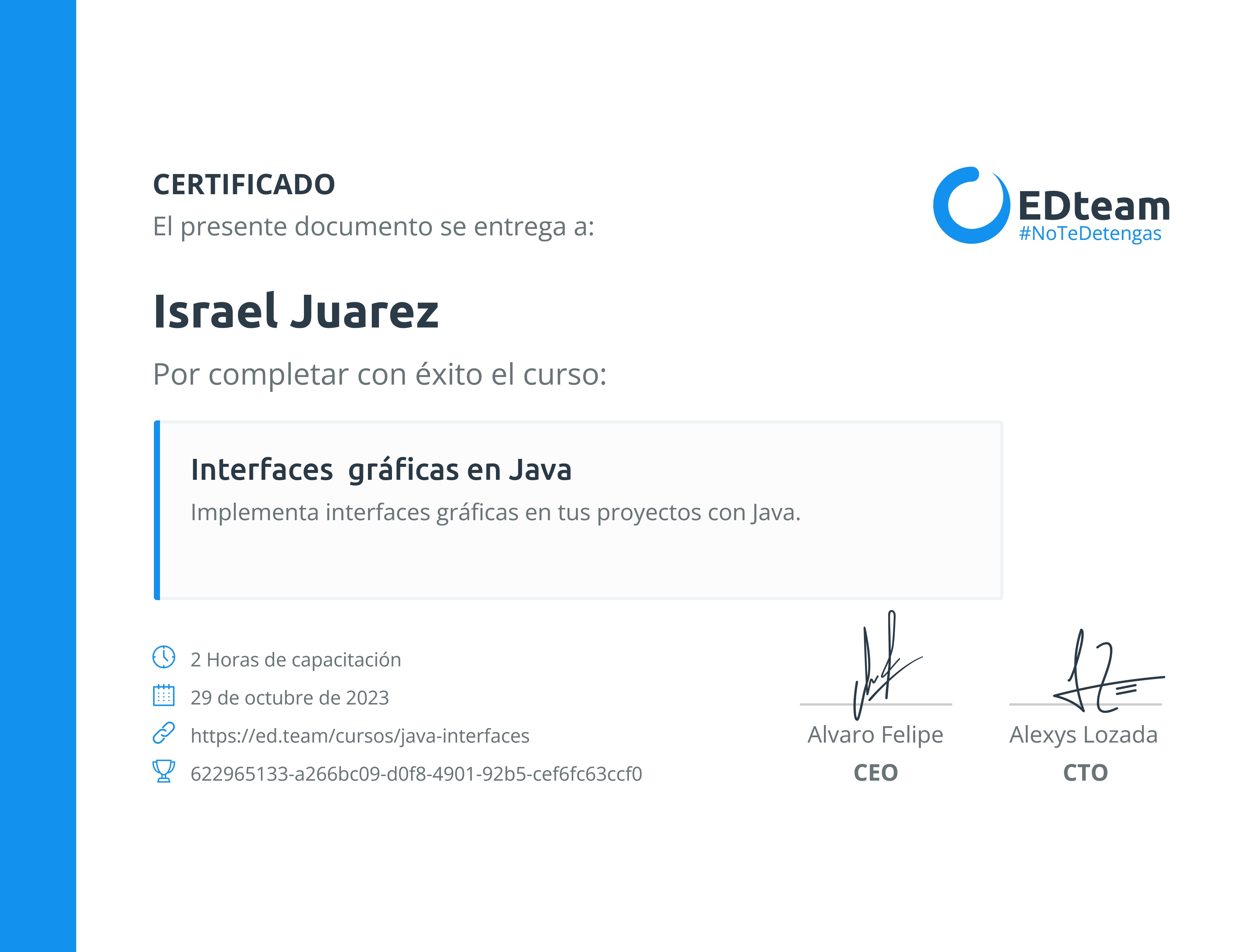 Certificado de Israel Juarez del curso Interfaces gráficas en Java