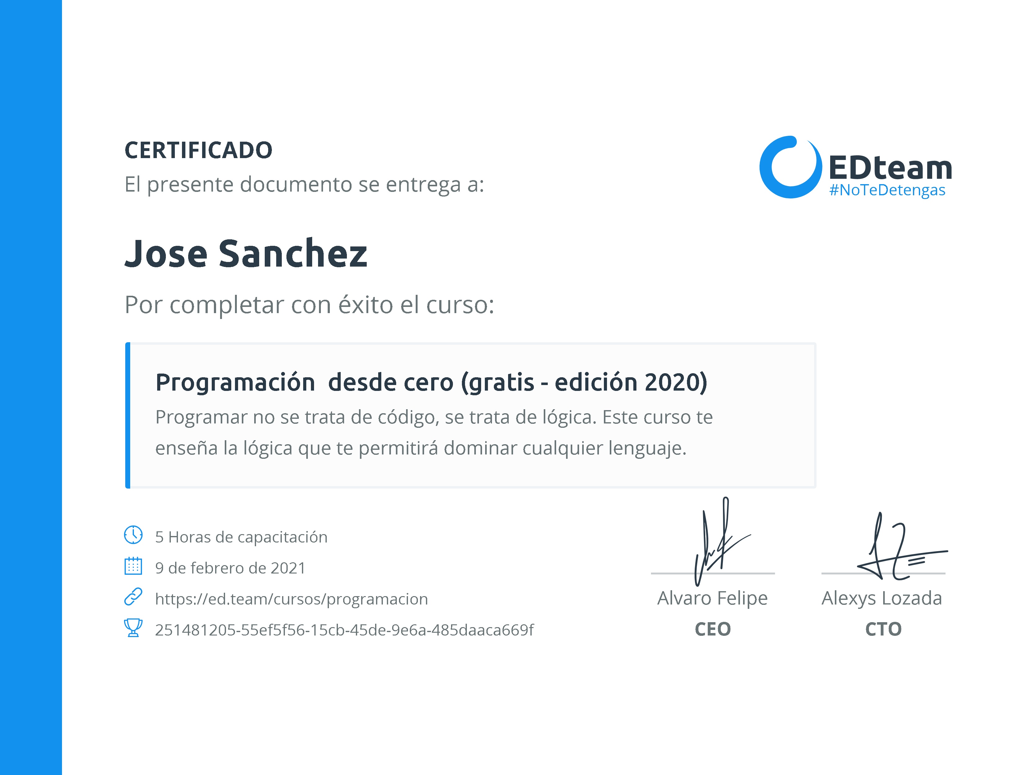 Certificado de Jose Sanchez del curso Programación desde cero (2019)